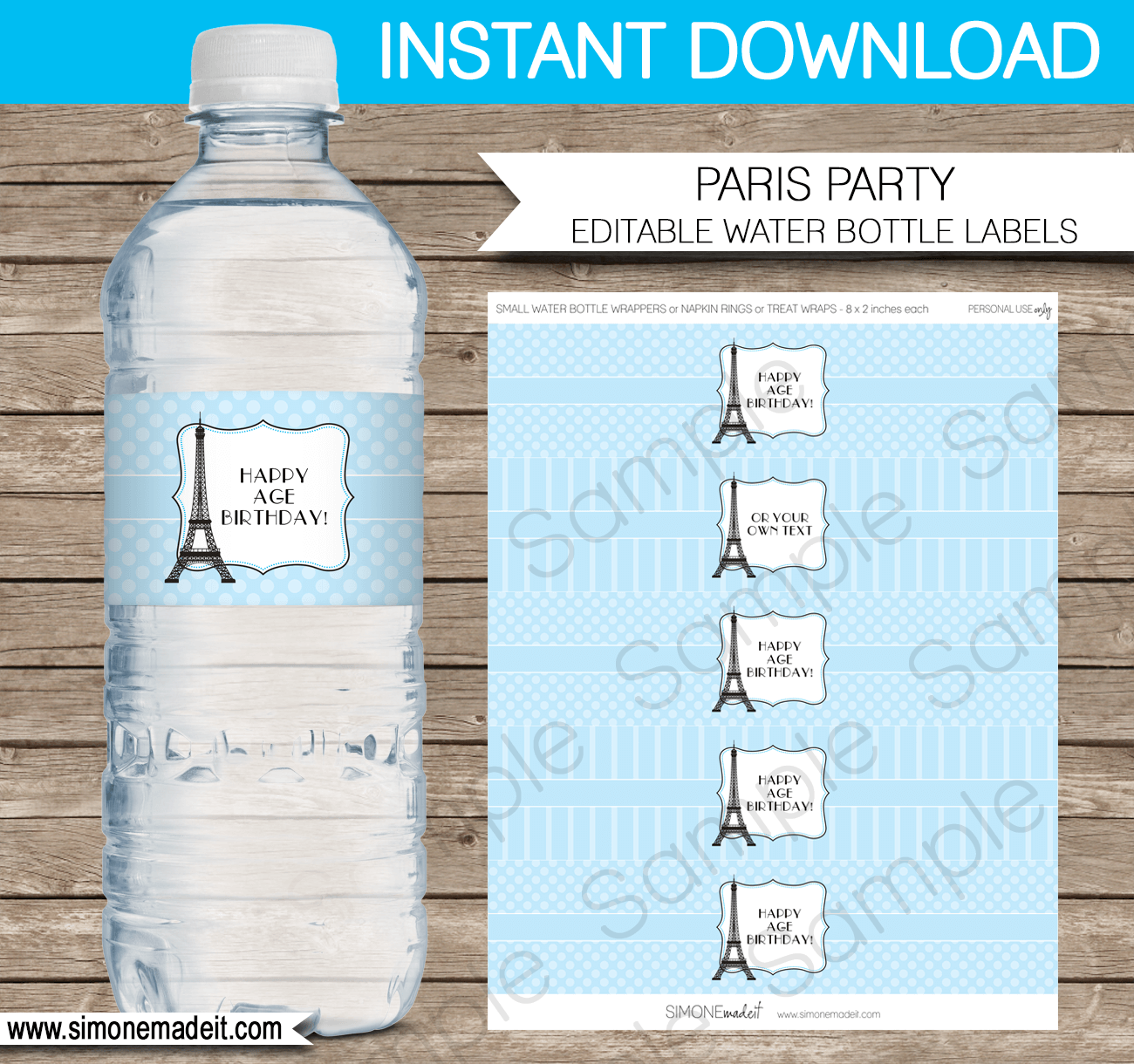 Paris Party Water Bottle Labels Template - Blue inside Free Printable Paris Water Bottle Labels