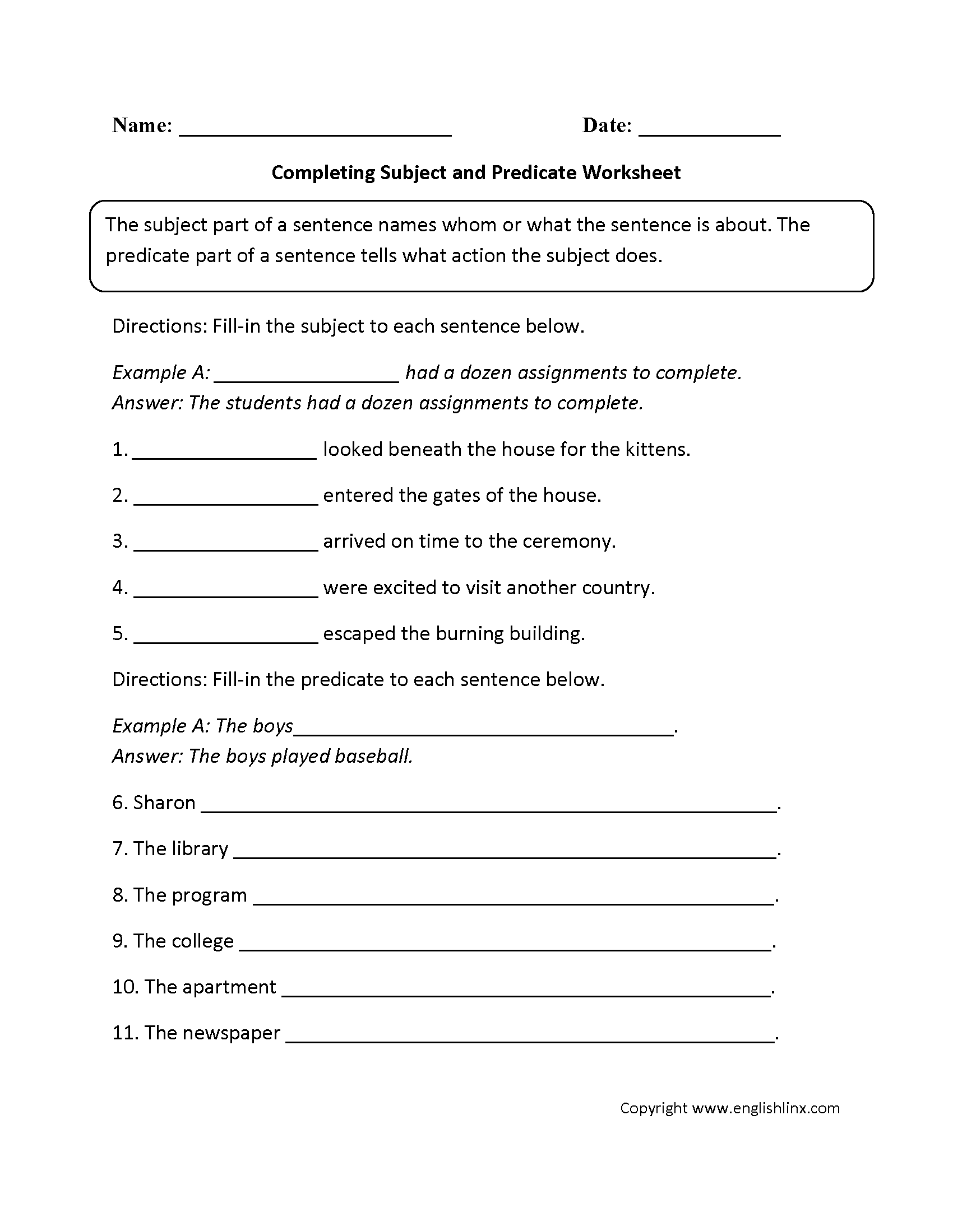 Parts Of A Sentence Worksheets | Subject And Predicate Worksheets intended for Free Printable Subject Predicate Worksheets 2Nd Grade