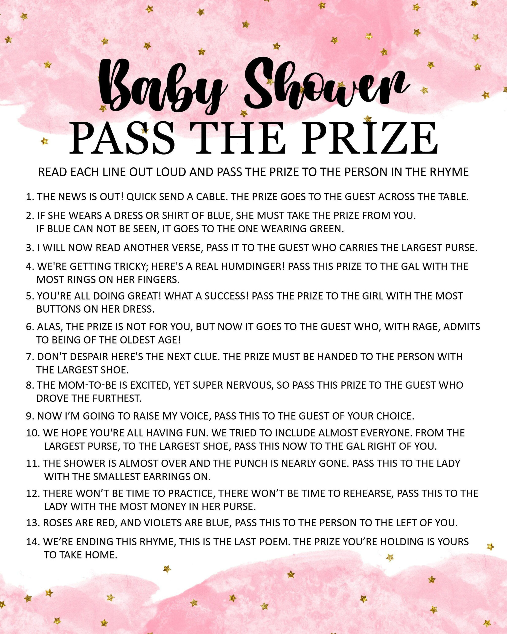 Pass The Prize Baby Shower Game Printable, Pass The Prize, Pink in Pass the Prize Baby Shower Game Free Printable