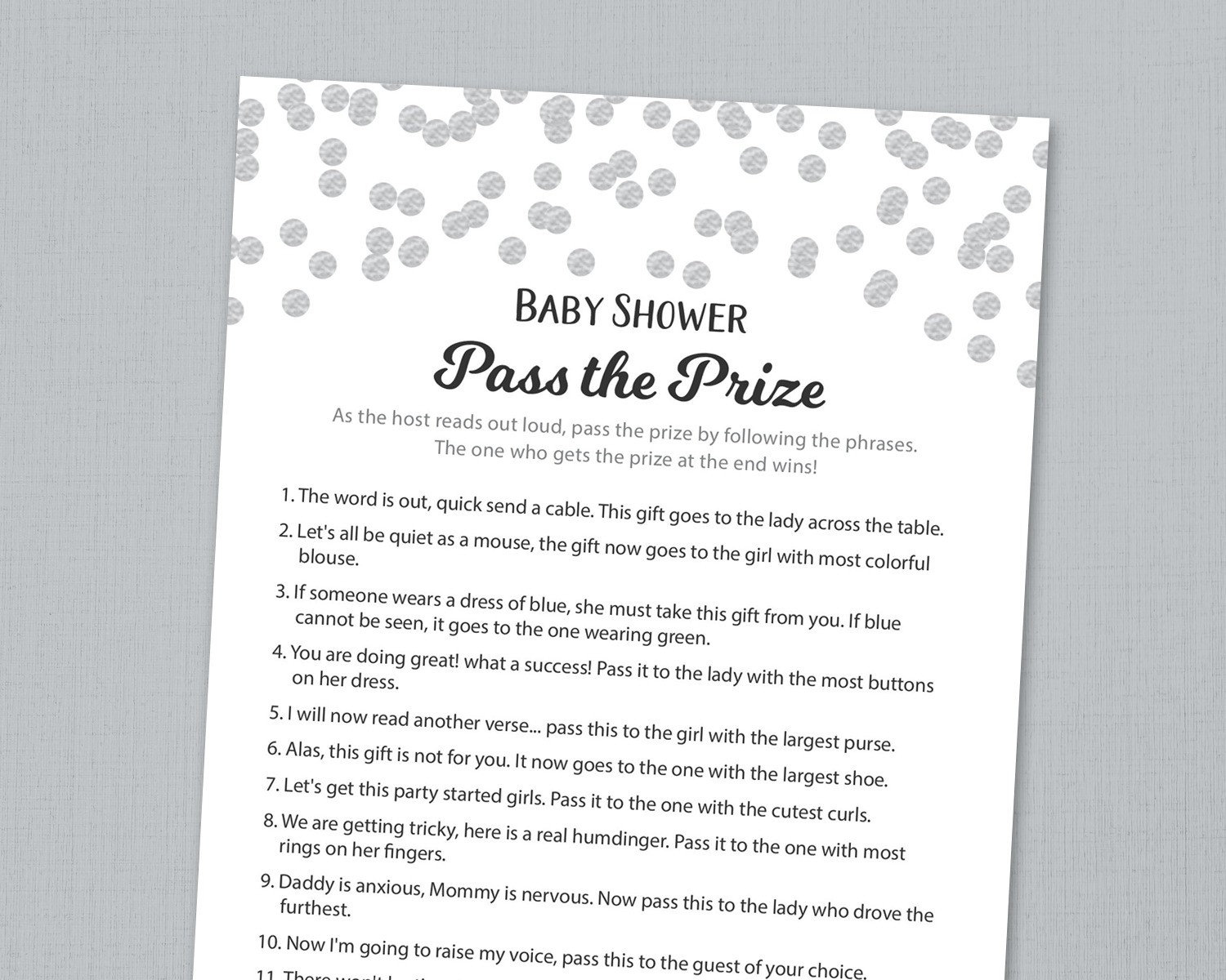 Pass The Prize Game, Baby Shower Game Printable, Silver Confetti intended for Pass the Prize Baby Shower Game Free Printable