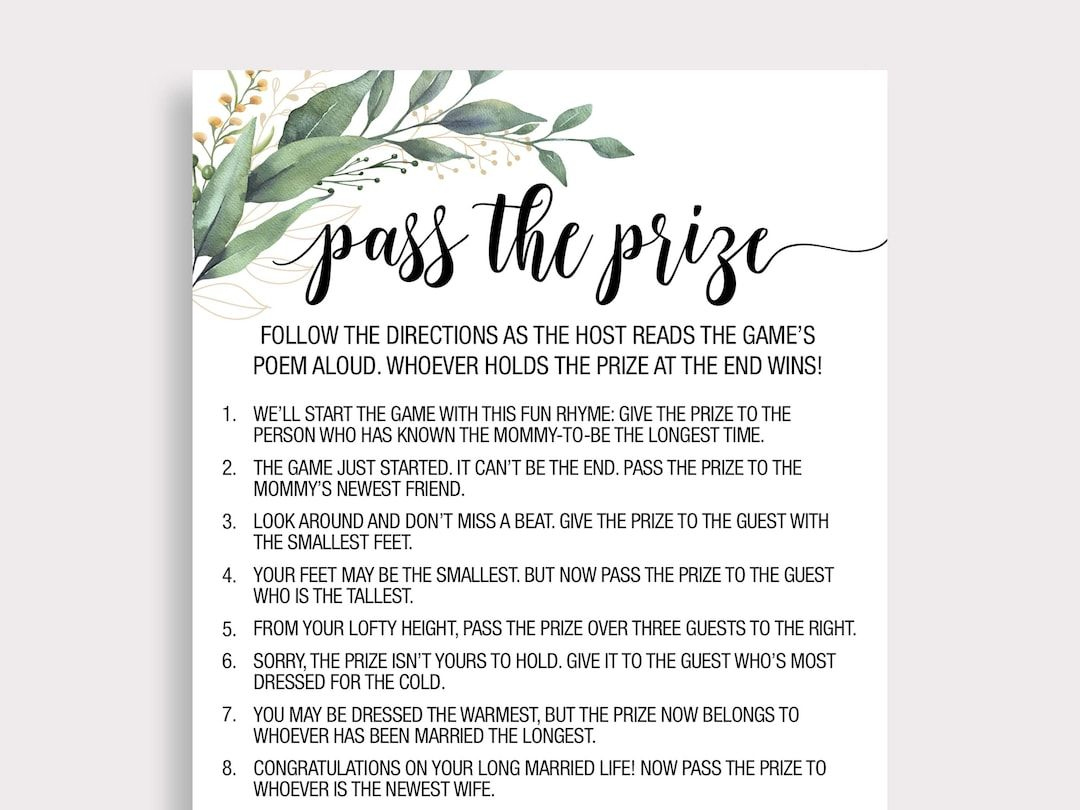 Pass The Prize Game, Rhyme Game, Greenery Baby Shower Game, Baby for Pass the Prize Baby Shower Game Free Printable