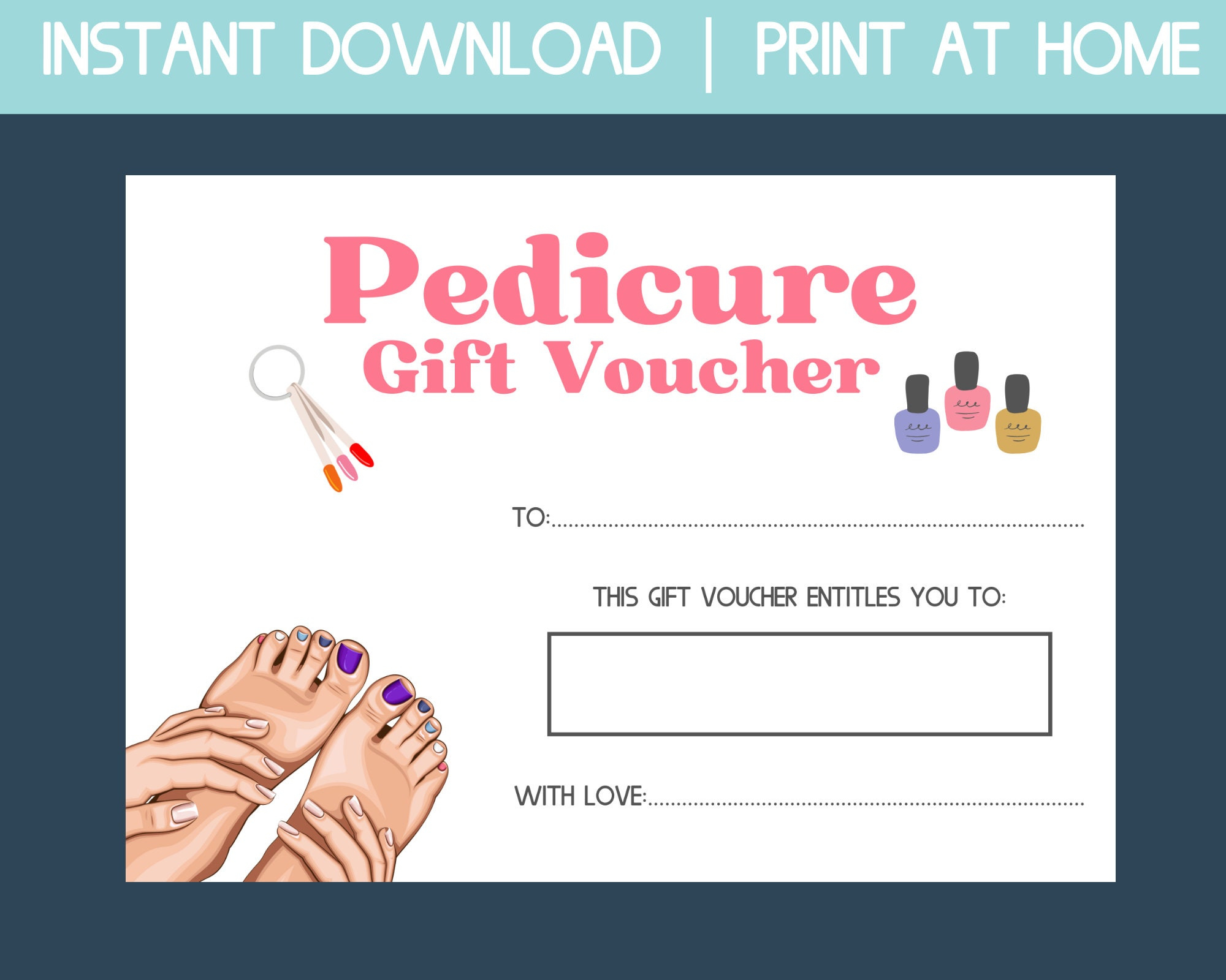 Pedicure Gift Voucher, Nail Salon Gift Card, Printable Gift Card for Free Printable Pedicure Gift Certificate