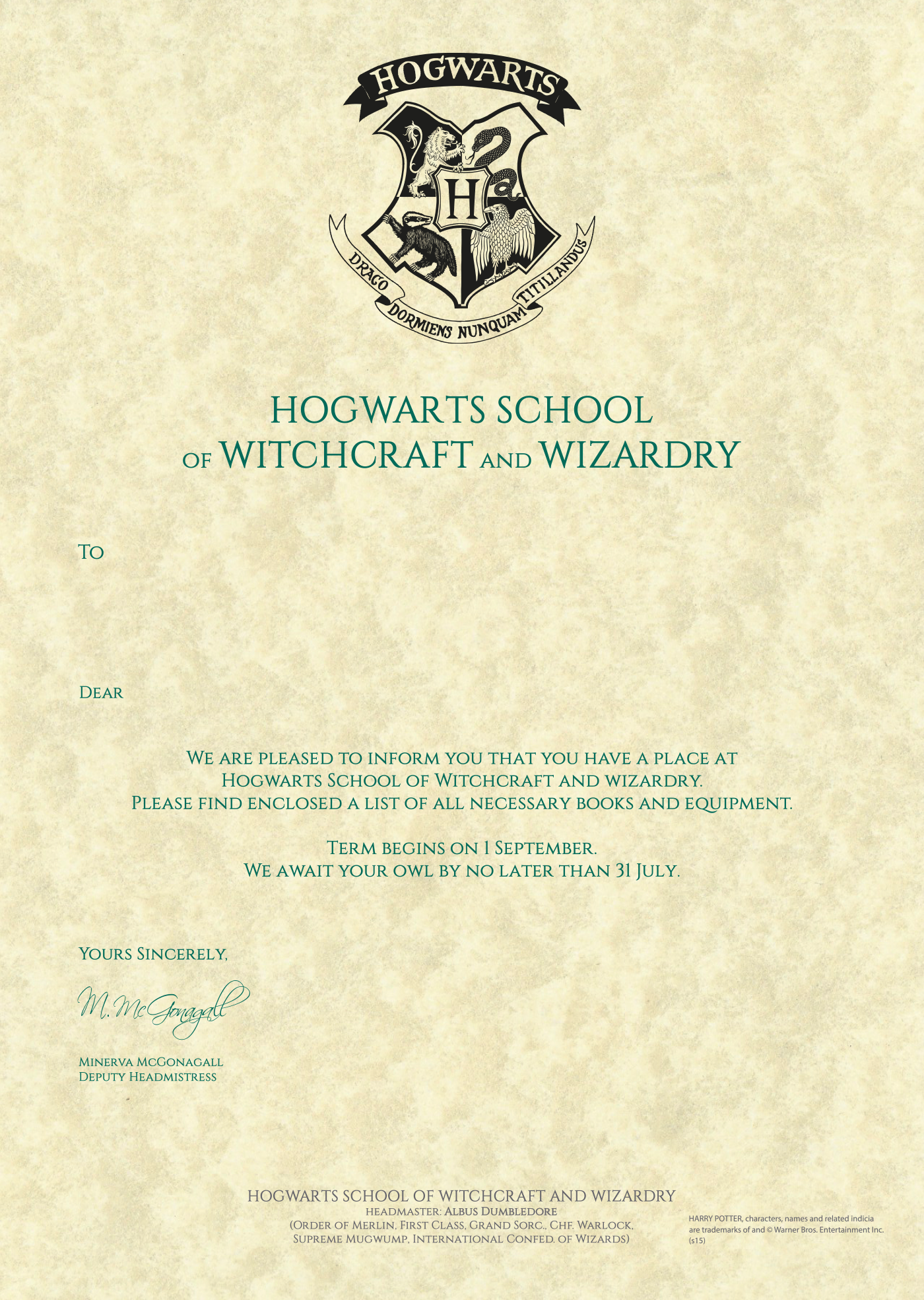 Personalised Hogwarts Acceptance Letter | Harry Potter Shop | 世界 within Hogwarts Acceptance Letter Template Free Printable