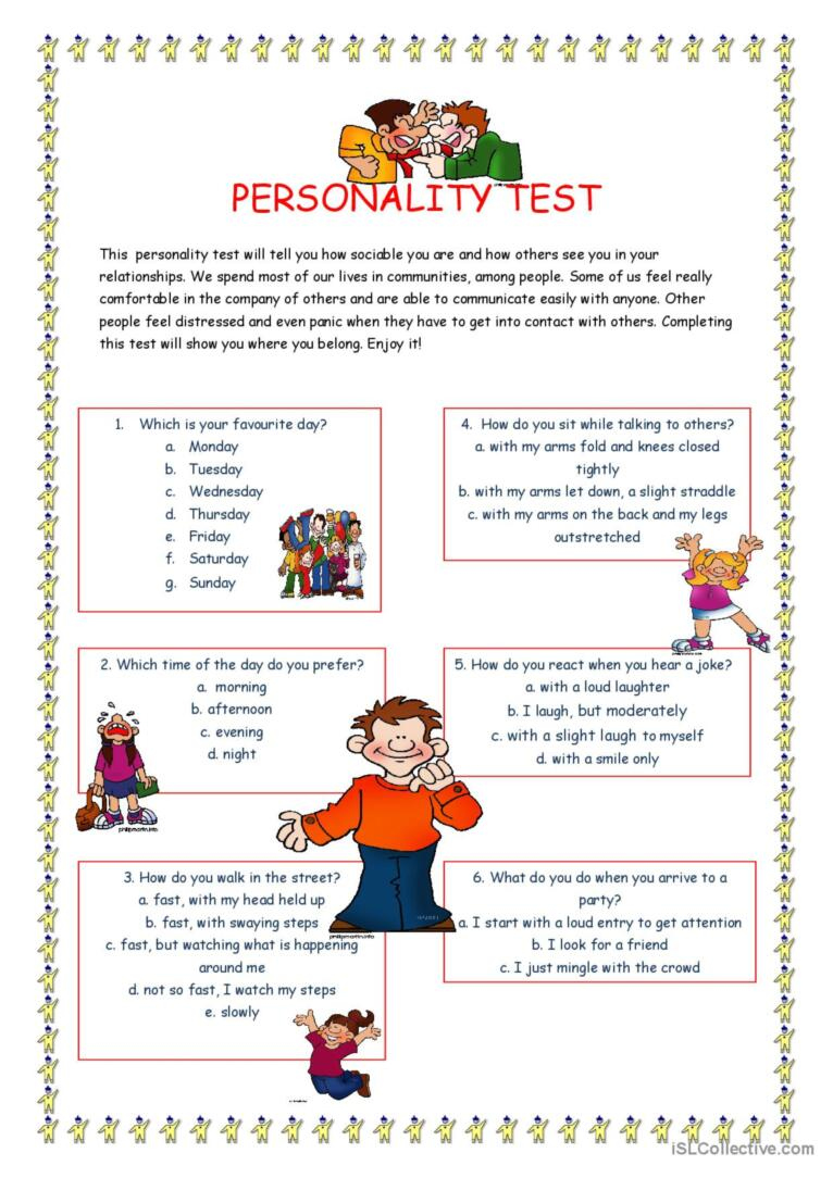 Personality Test I.: English Esl Worksheets Pdf &amp;amp; Doc inside Free Printable Personality Test for High School Students