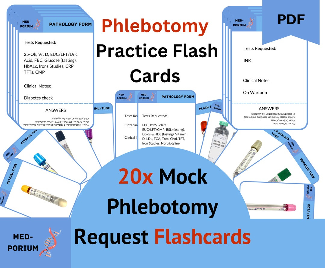 Phlebotomy Practice Flashcards: Mock Phlebotomy Requests - Etsy regarding Free Printable Phlebotomy Practice Test