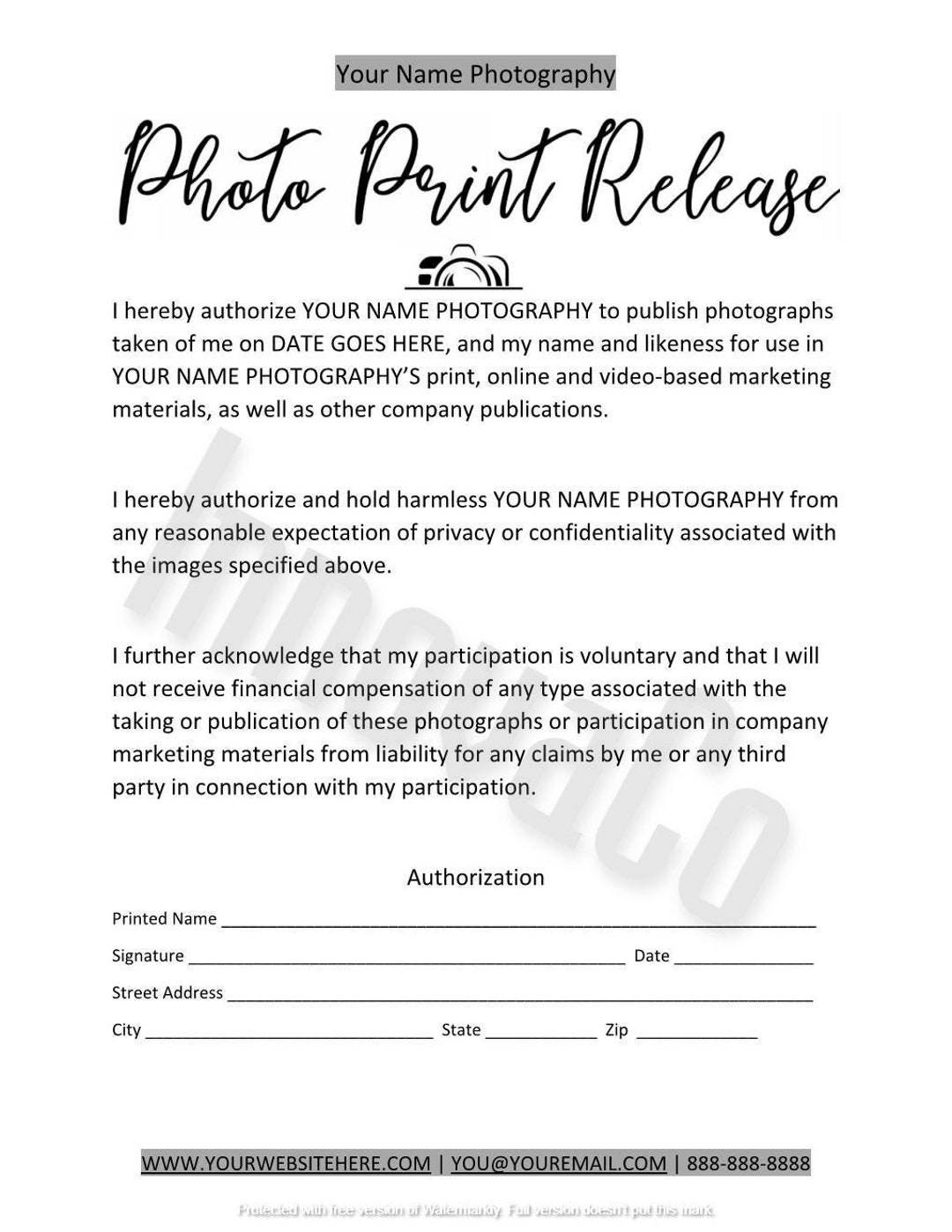 Photo Print Release Template, Photo Print Release Form, Photography Templates, Photo Rights, Print Release, Photography Business Forms - Etsy pertaining to Free Printable Print Release Form