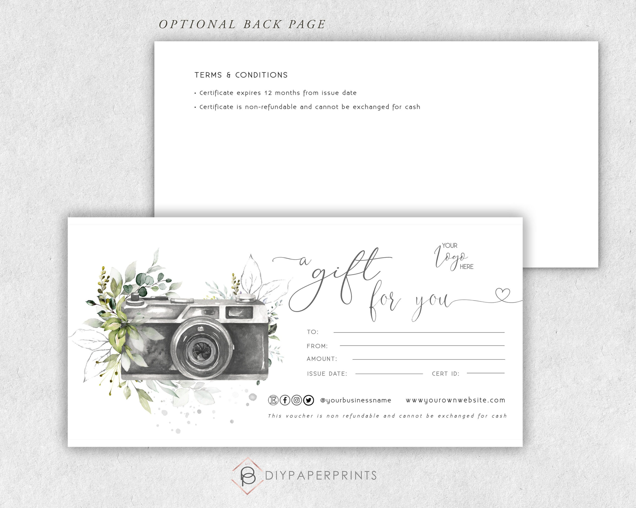 Photography Gift Certificate Template, Editable Gift Card, Gift with Free Printable Photography Gift Certificate Template