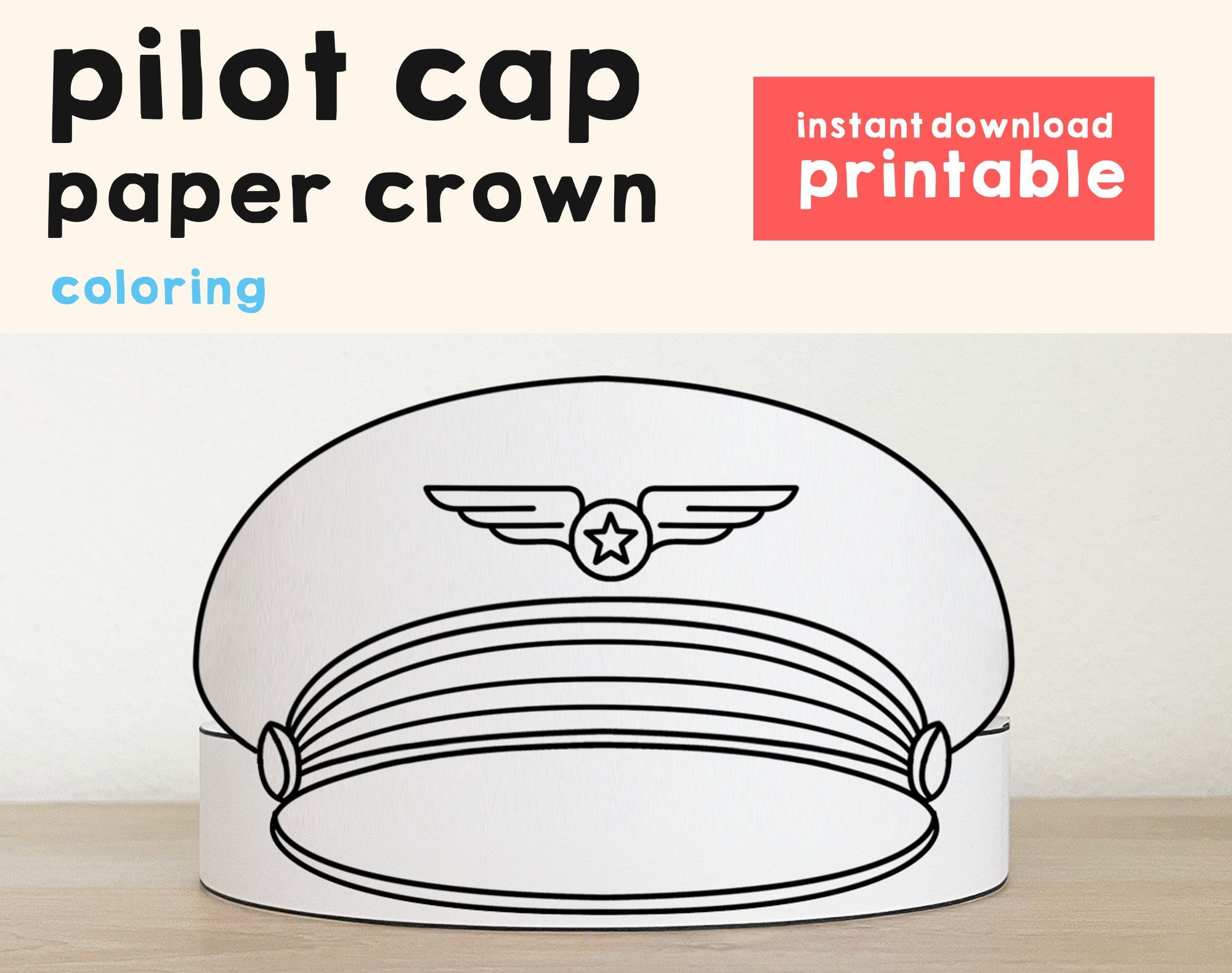 Pilot Cap Paper Crown Airline Party Coloring Printable Kids Craft for Free Printable Pilot Hat Template