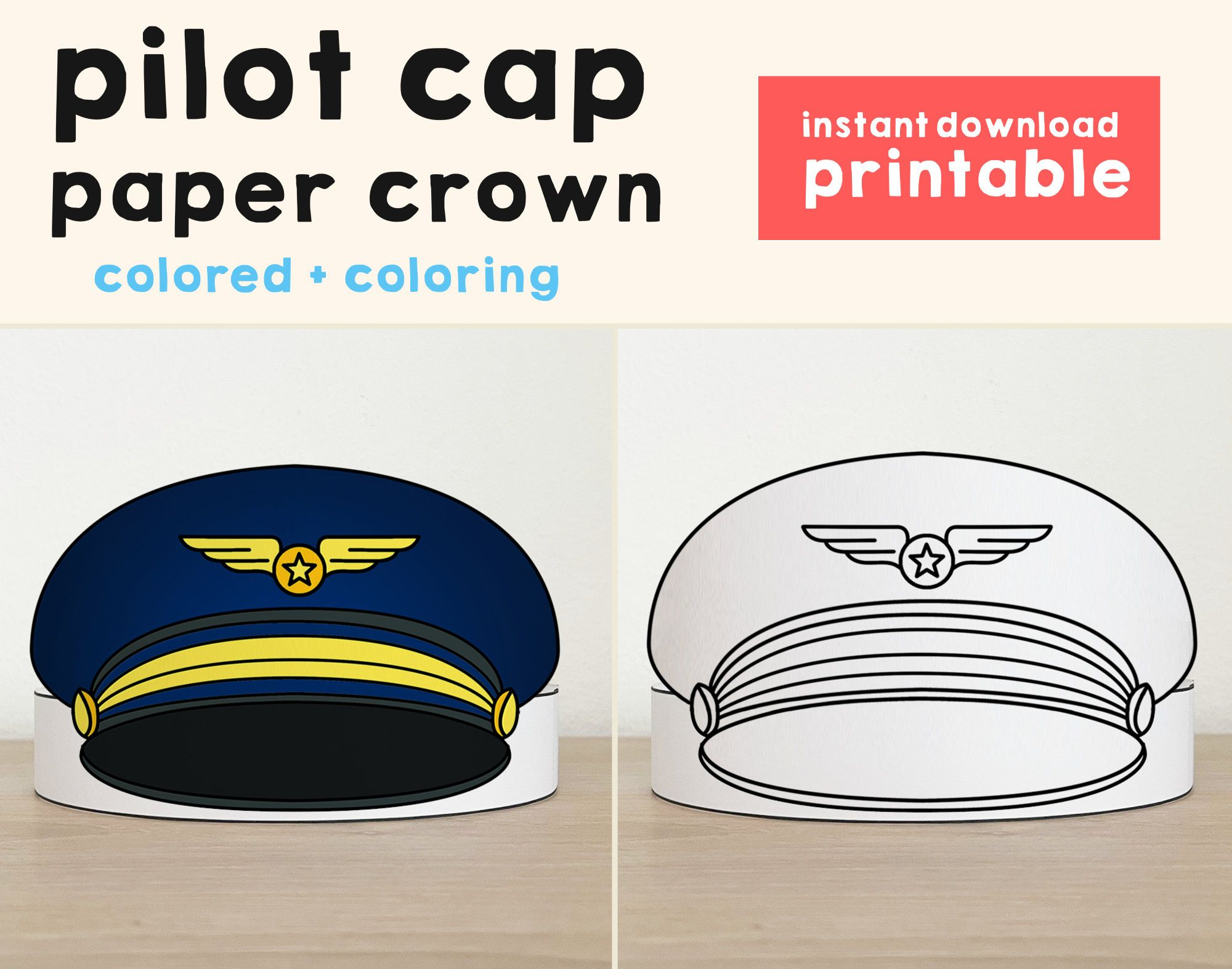 Pilot Cap Paper Crown Airline Party Coloring Printable Kids Craft regarding Free Printable Pilot Hat Template