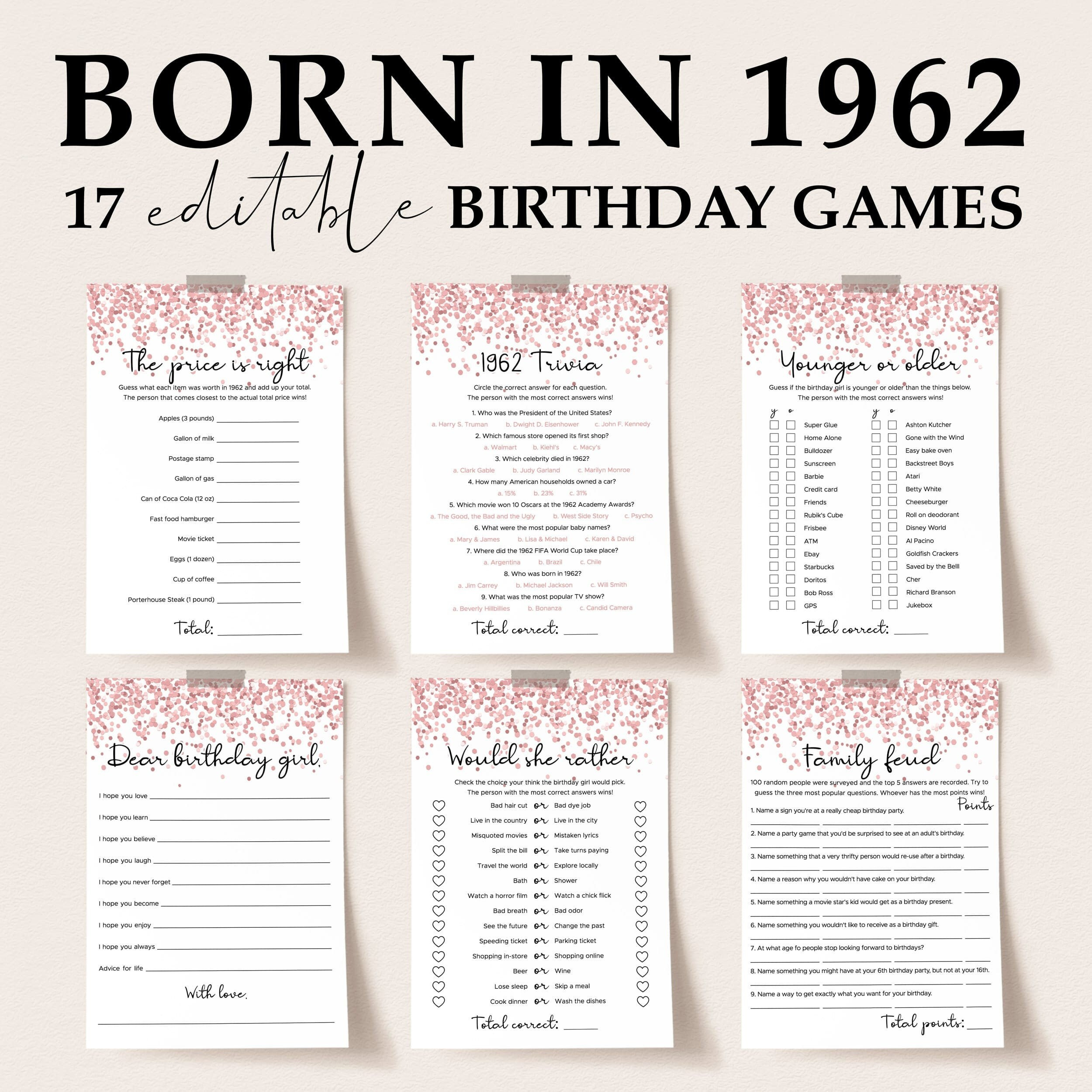 Pink Confetti Birthday Games Editable Template Personalized Bday throughout Free Printable Women&amp;#039;S Party Games