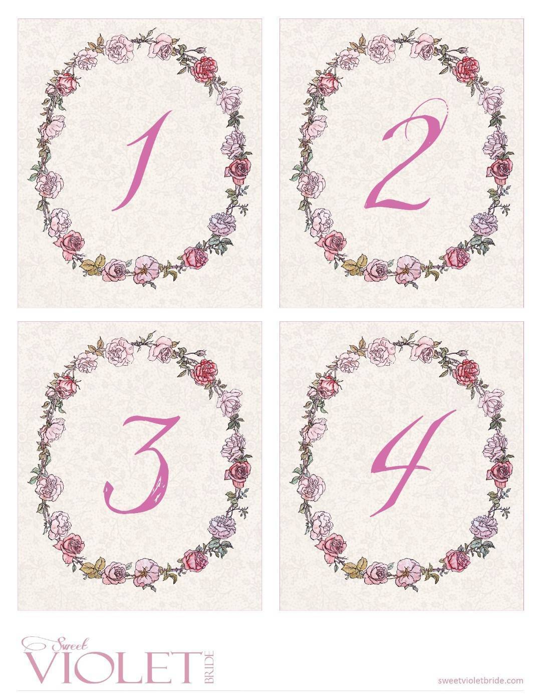 Pink Rose Wreath Table Numbers: Free Wedding Printable - Sweet in Free Printable Table Numbers 1-20