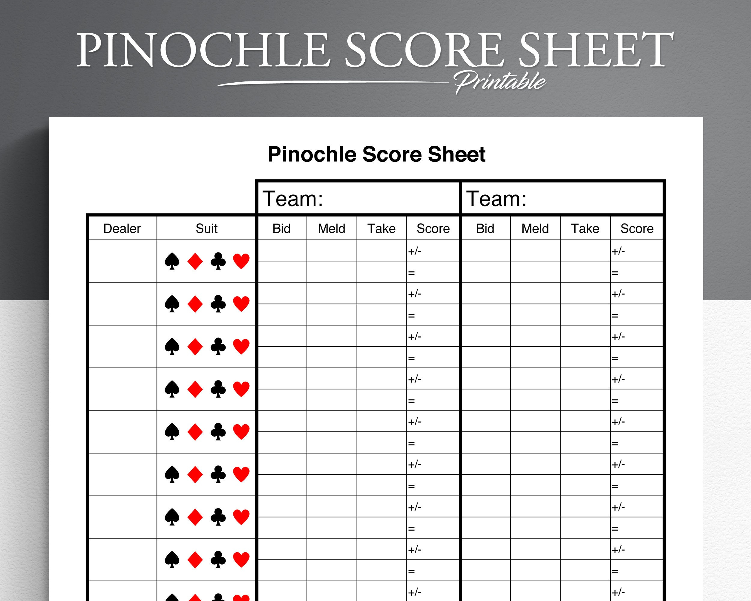 Pinochle Score Card. Printable Pinochle Score Sheet. Pinochle throughout Free Printable Pinochle Tallies