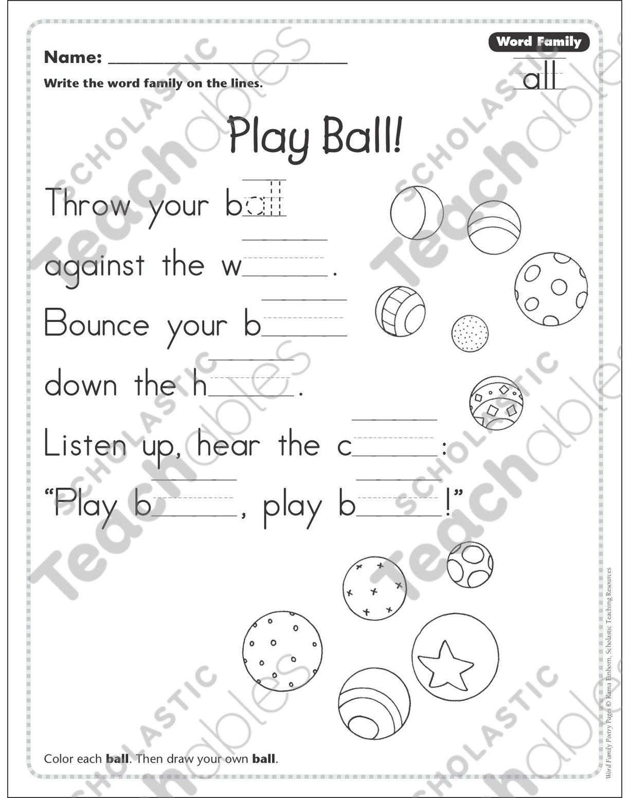 Play Ball! (Word Family -All): Word Family Poetry Page | Printable throughout Free Printable Word Family Poems