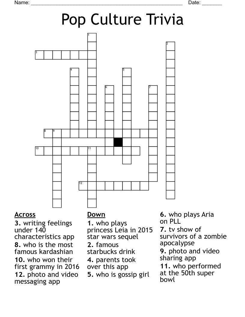 Pop Culture Trivia Crossword - Wordmint pertaining to Pop Culture Crossword Printable Free