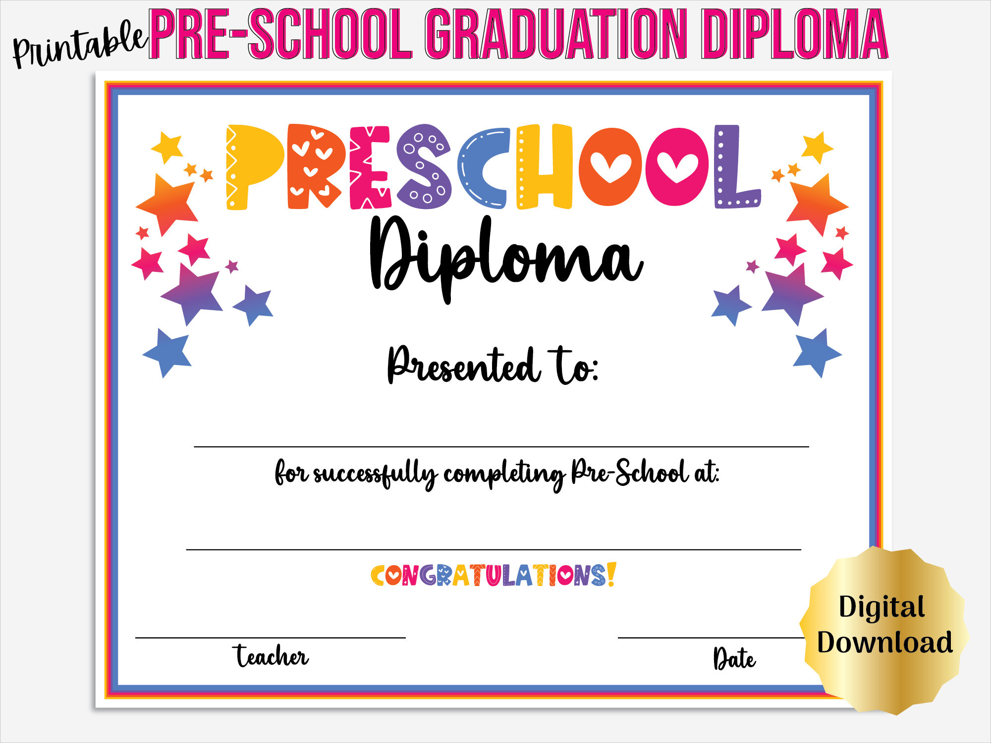 Preschool Graduation Diploma Certificate Printable, Preschool inside Preschool Graduation Diploma Free Printable