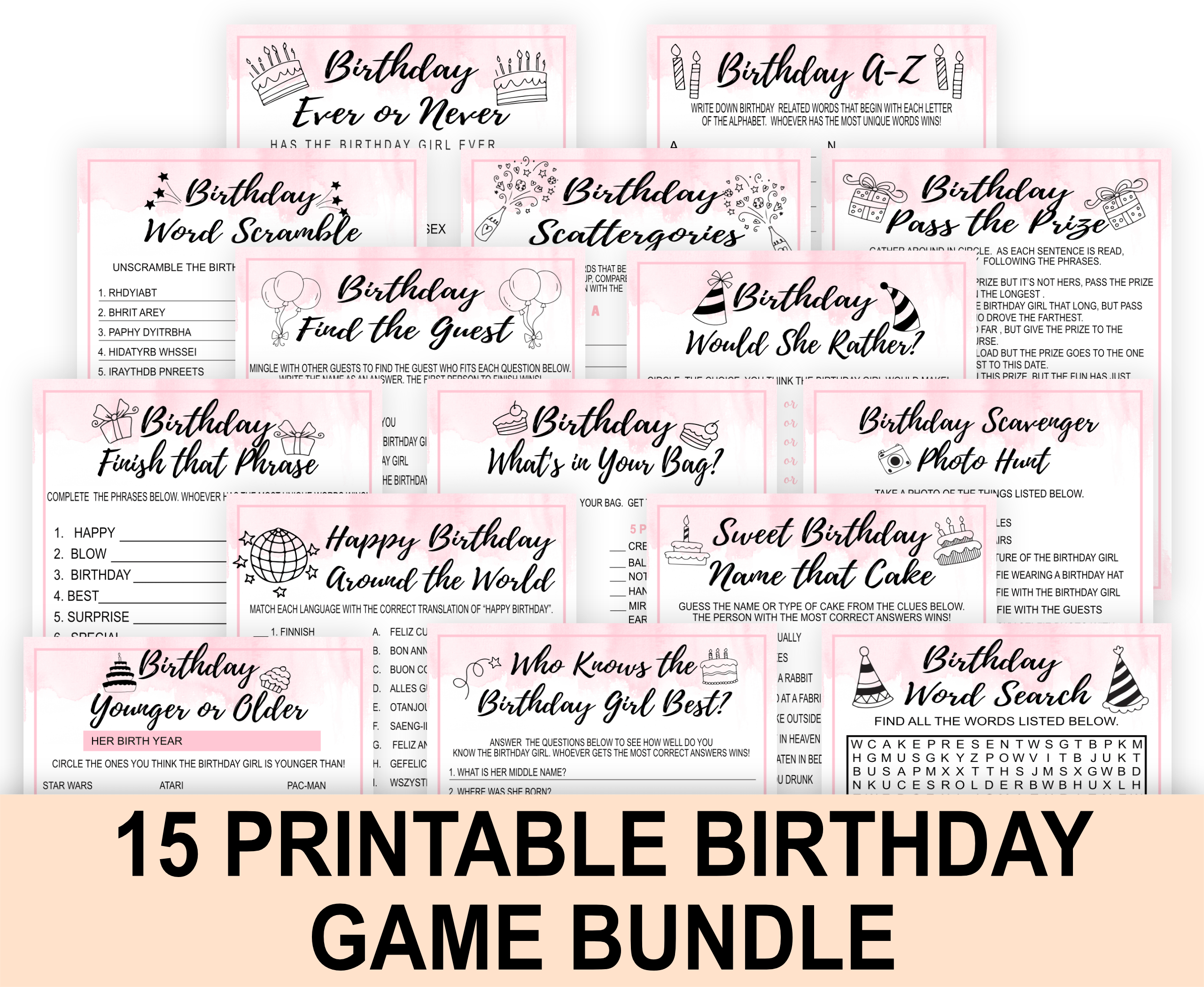 Printable Birthday Game Bundle For Women Pink – Printables Depot for Free Printable Women&amp;#039;S Party Games