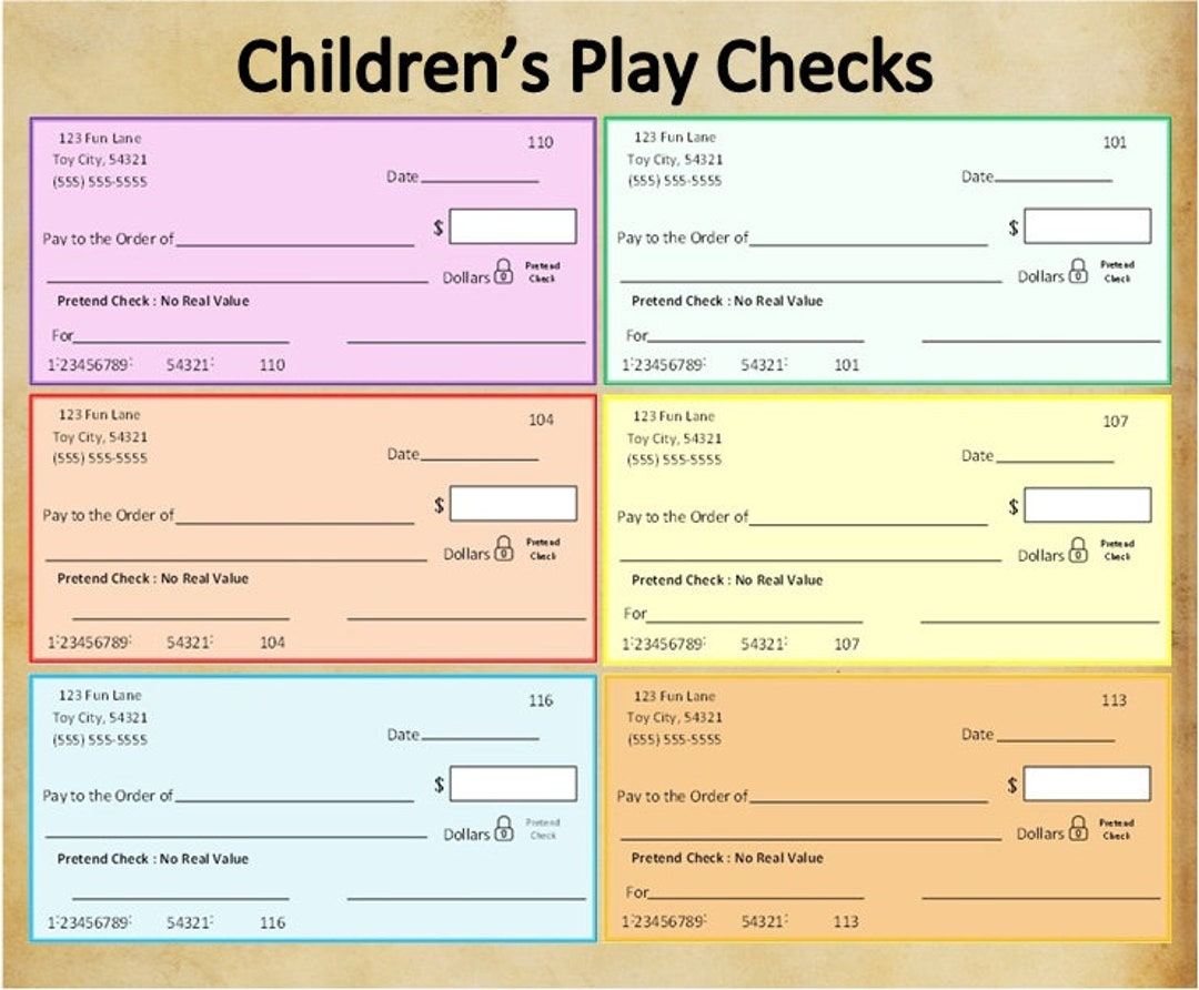 Printable Children&amp;#039;S Play Checkspretend Play Checkstoy Checksmath Learning Toolsbankingfake Currencytoy Currencyinstant Download - Etsy throughout Free Printable Play Checks