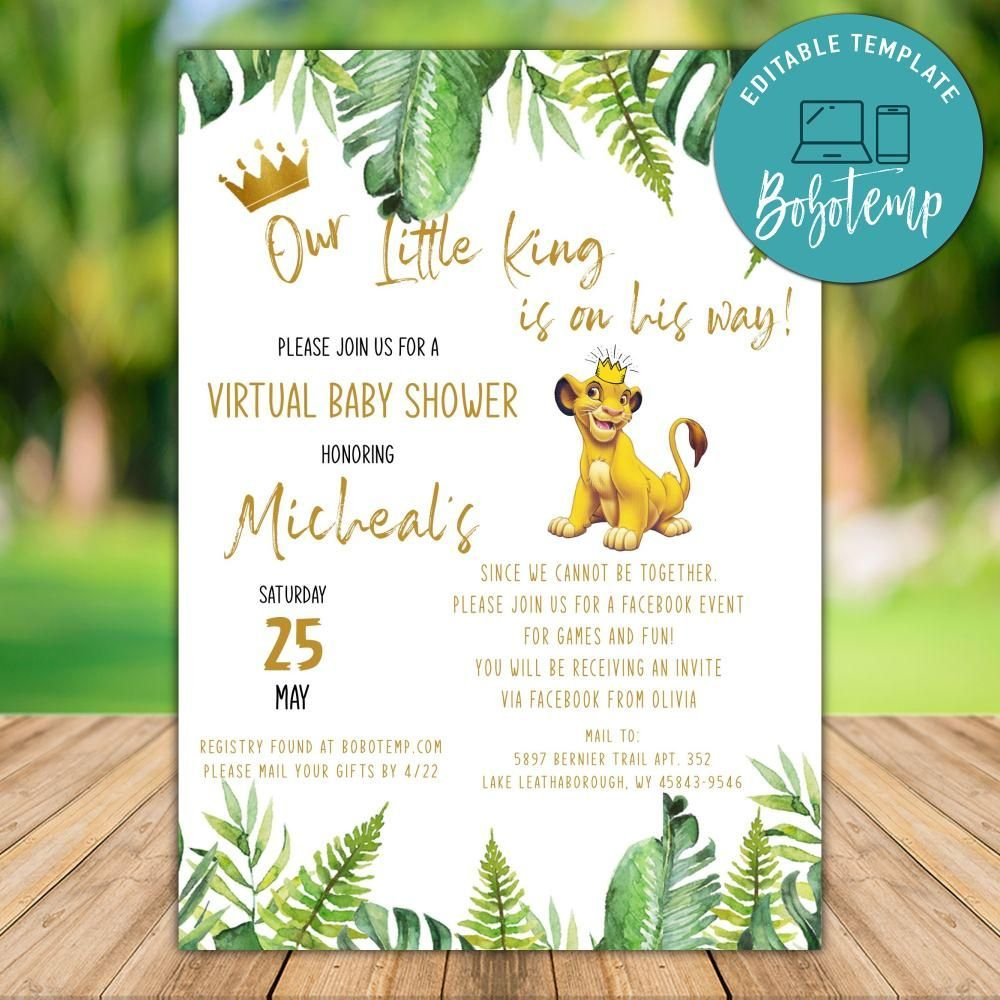 Printable Lion King Virtual Baby Shower Invitation Template Diy with regard to Free Printable Lion King Baby Shower Invitations