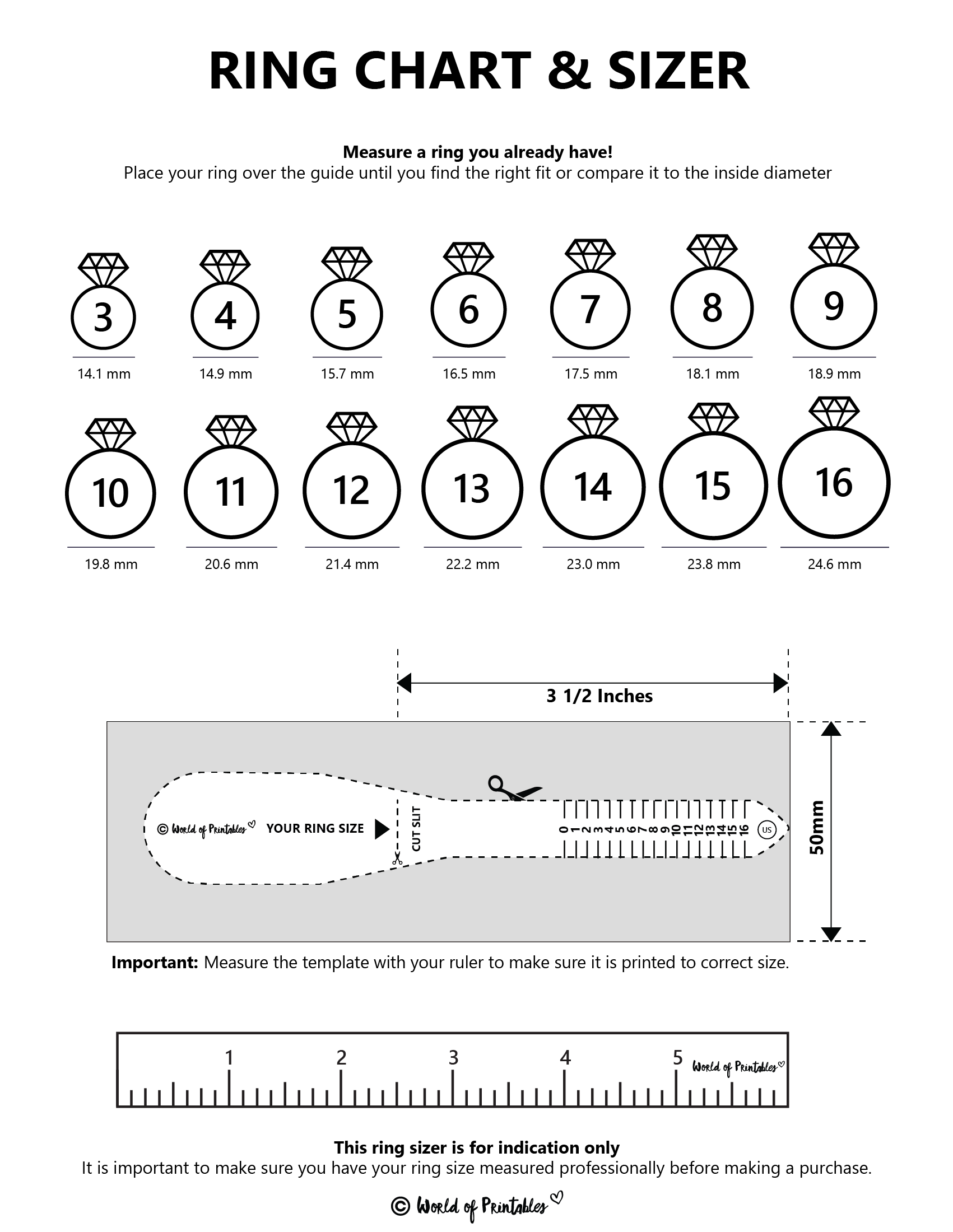 Printable Ring Size Chart - Find Your Ring Size Easy - World Of for Free Printable Ring Sizer UK