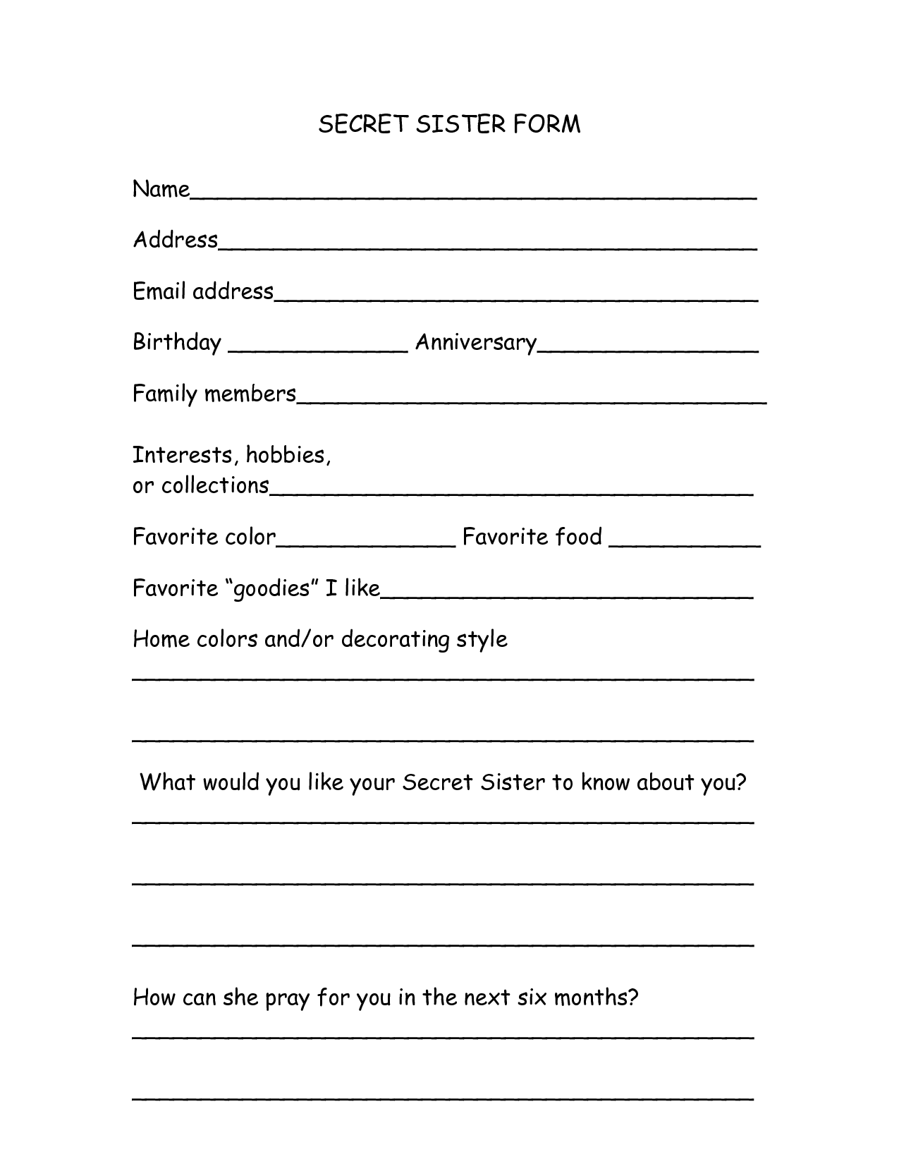 Printable Secret Sister Form - Free Download inside Free Printable Secret Pal Forms