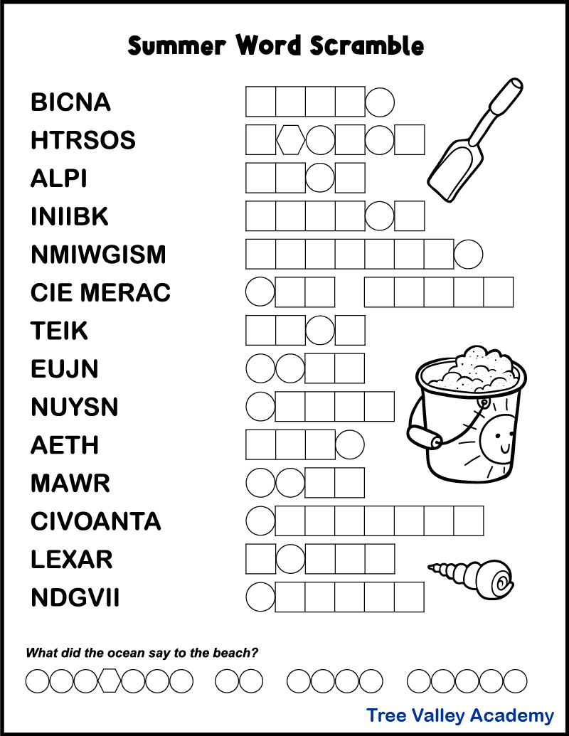 Printable Summer Word Scrambles For Kids - Tree Valley Academy within Free Printable Word Scramble Worksheets