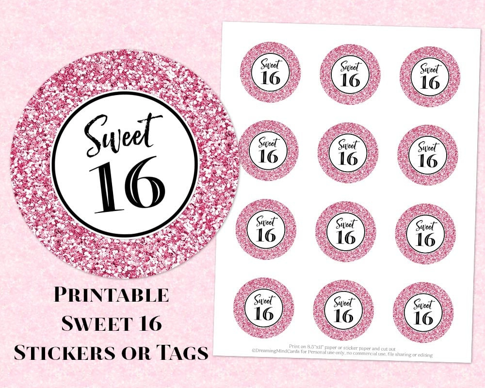 Printable Sweet 16 Birthday Party Round Tags Pink Glitter Instant Digital Download Labels Stickers Or Tags with Free Printable Sweet 16 Labels