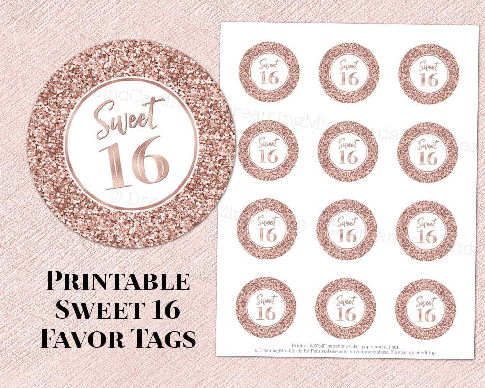 Printable Sweet 16 Birthday Party Round Tags Rose Gold Glitter Instant Digital Download Labels Stickers Or Tags with Free Printable Sweet 16 Labels