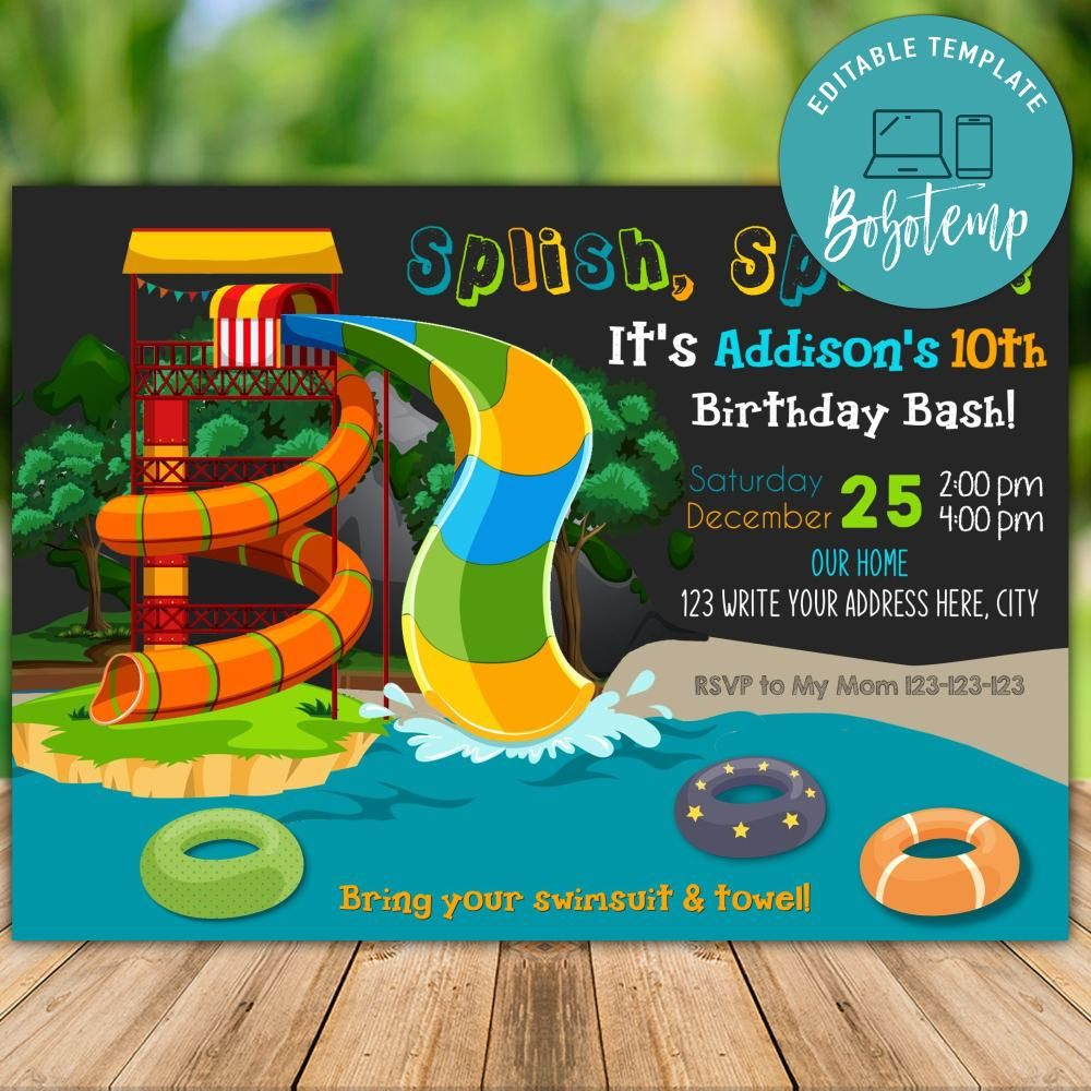 Printable Waterpark Birthday Party Invitation Instant Download intended for Free Printable Water Park Birthday Invitations