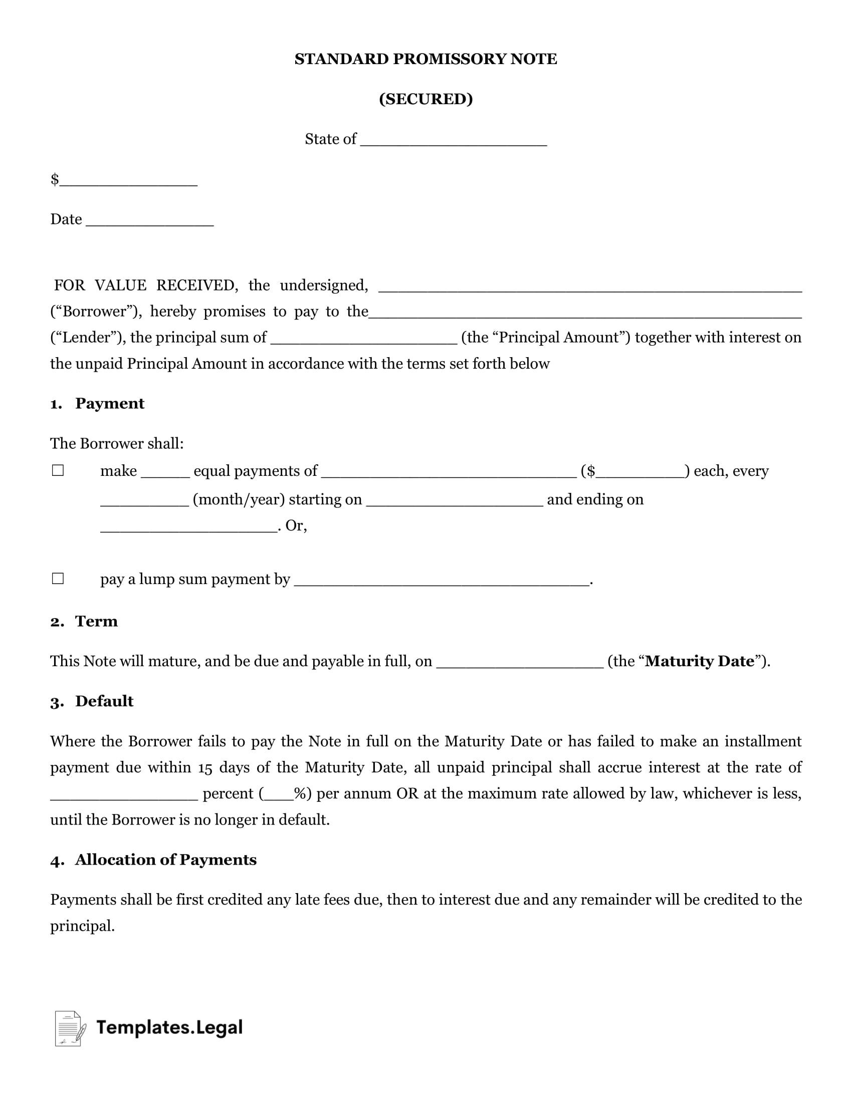 Promissory Note Templates [Word, Pdf, Odt] - Templates.legal with Free Printable Promissory Note