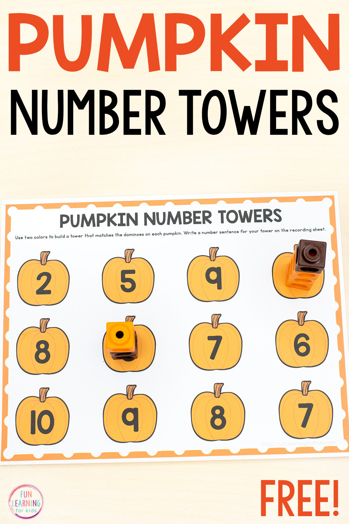 Pumpkin Number Towers Free Printable Math Activity inside Free Printable Math Centers