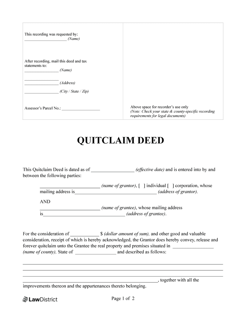 Quitclaim Deed Form | Free Document | Lawdistrict with Free Printable Quit Claim Deed Form