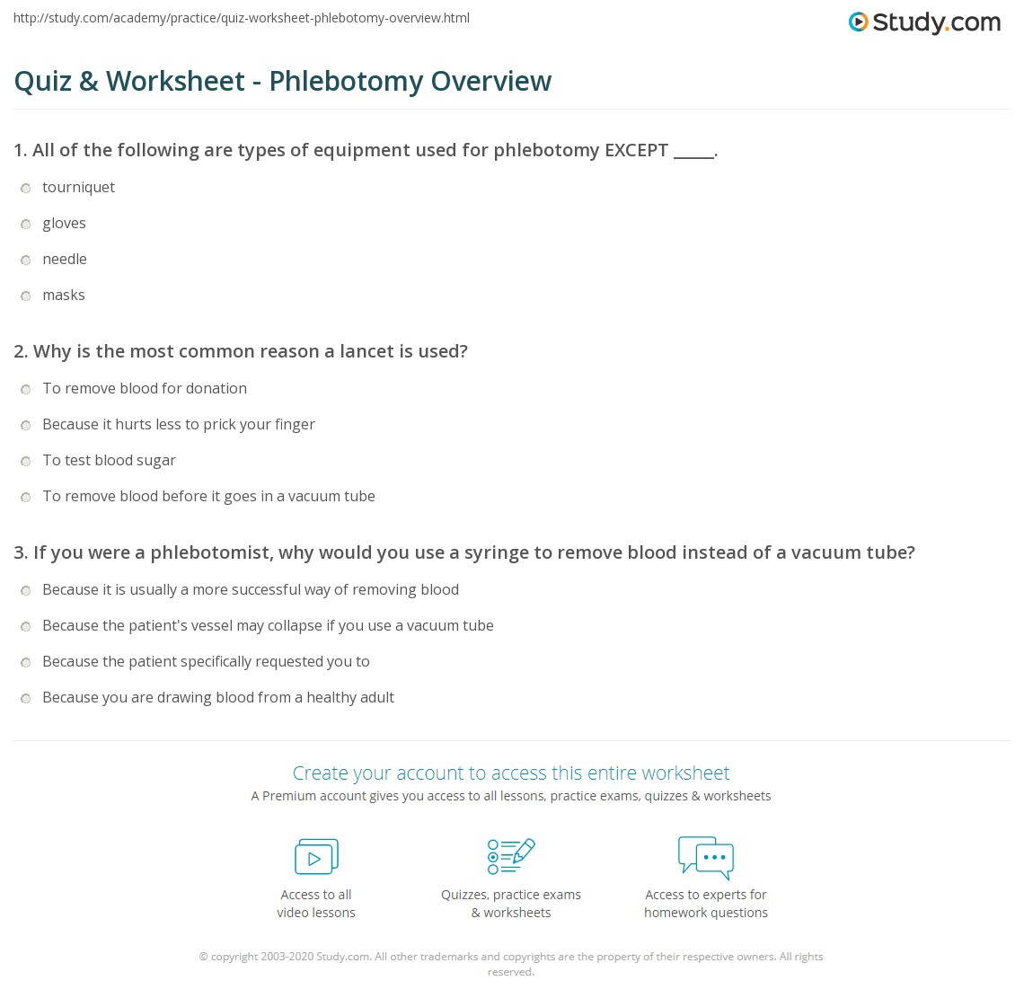 Quiz &amp;amp; Worksheet - Phlebotomy Overview | Study with Free Printable Phlebotomy Practice Test