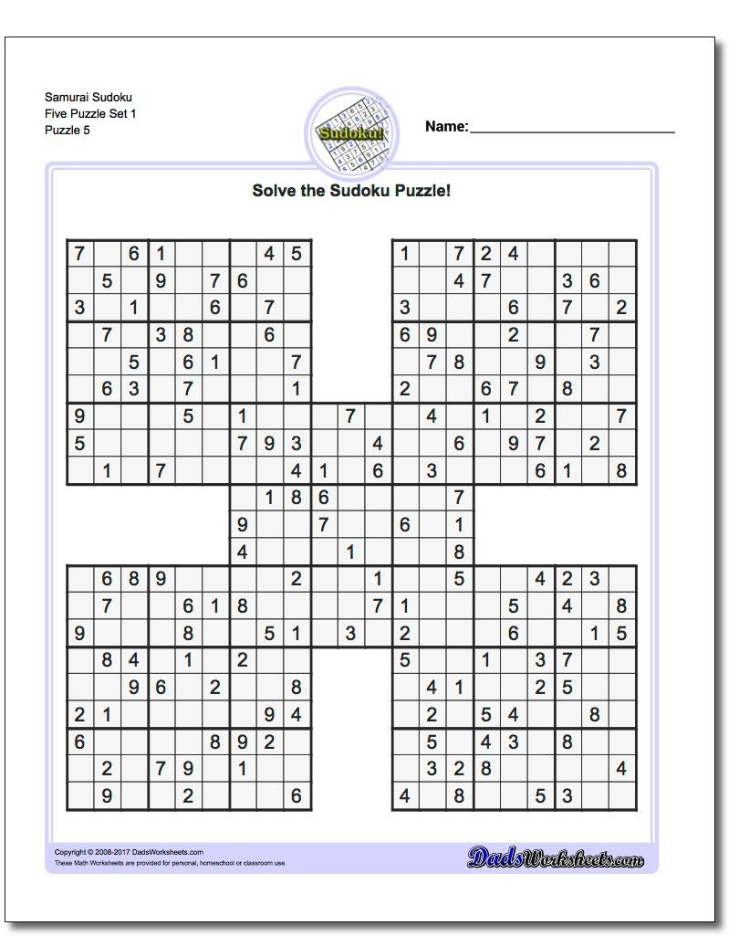 Samurai Sudoku Five Puzzle Set 1 #Sudoku #Worksheet | Sudoku with Sudoku High Fives Free Printable