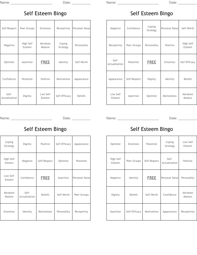 Self Esteem Bingo - Wordmint pertaining to Free Printable Self Esteem Bingo