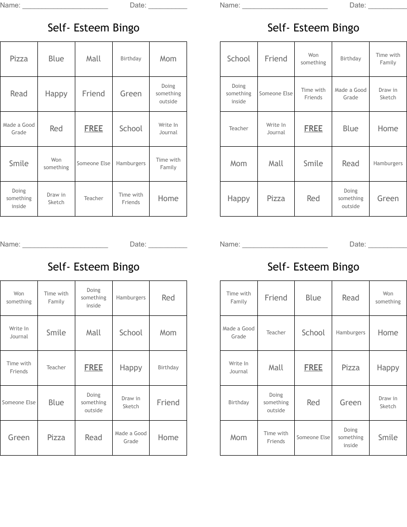 Self- Esteem Bingo - Wordmint throughout Free Printable Self Esteem Bingo