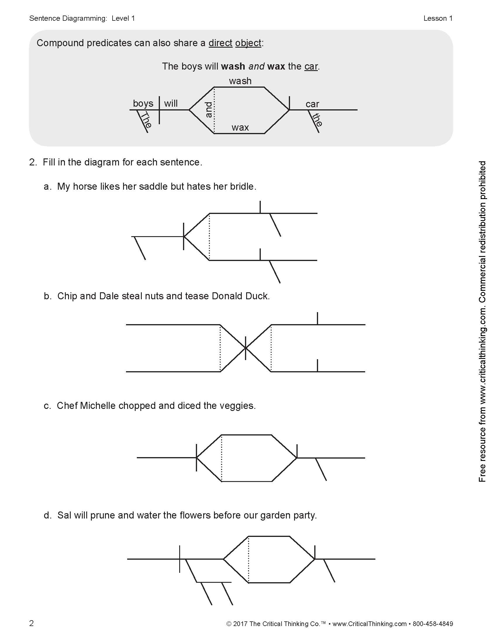 Sentence Diagramming Level 1 within Free Printable Sentence Diagramming Worksheets