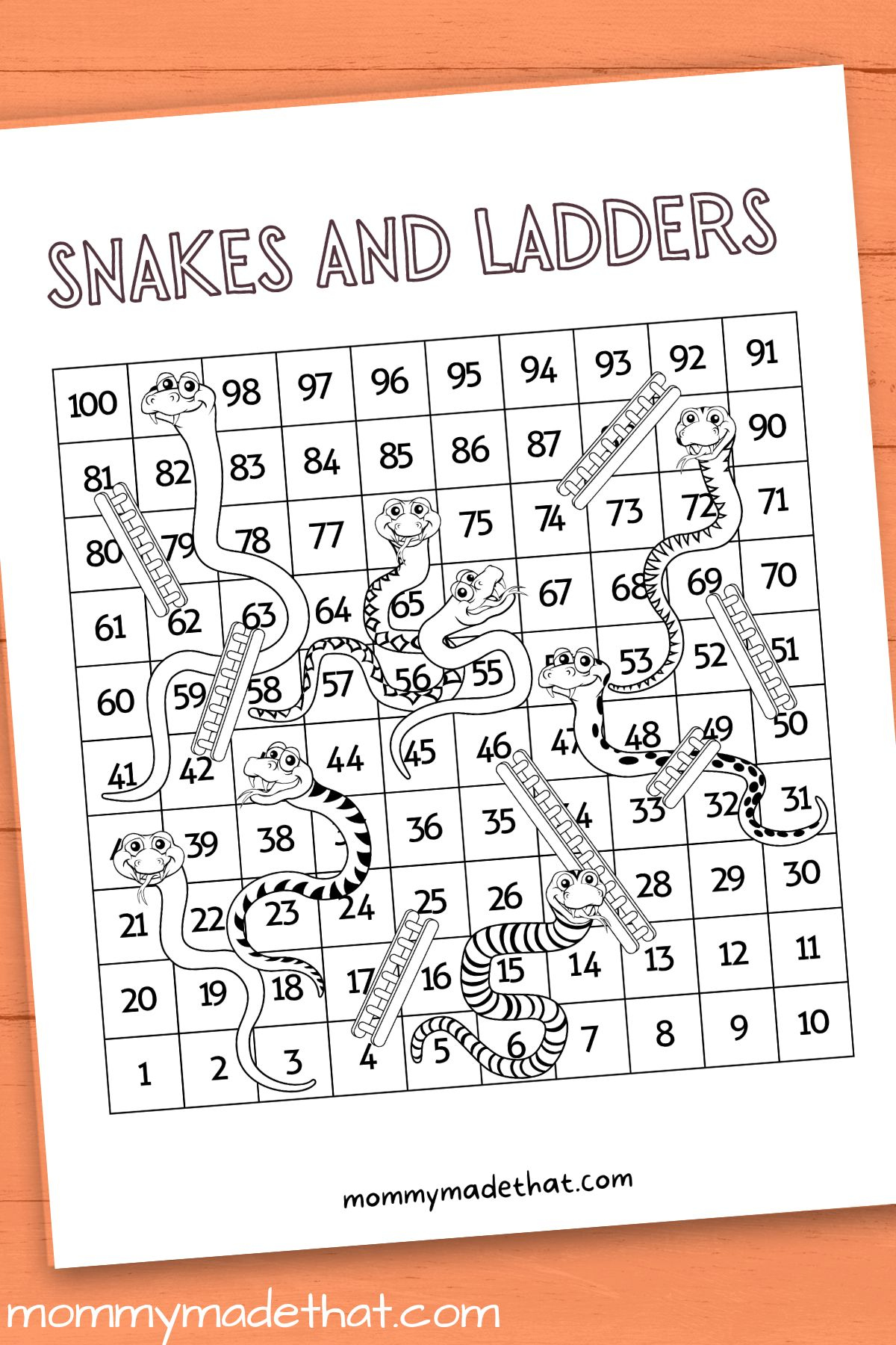 Snakes And Ladders Printable Game Board (Free Template) regarding Free Snakes and Ladders Printable