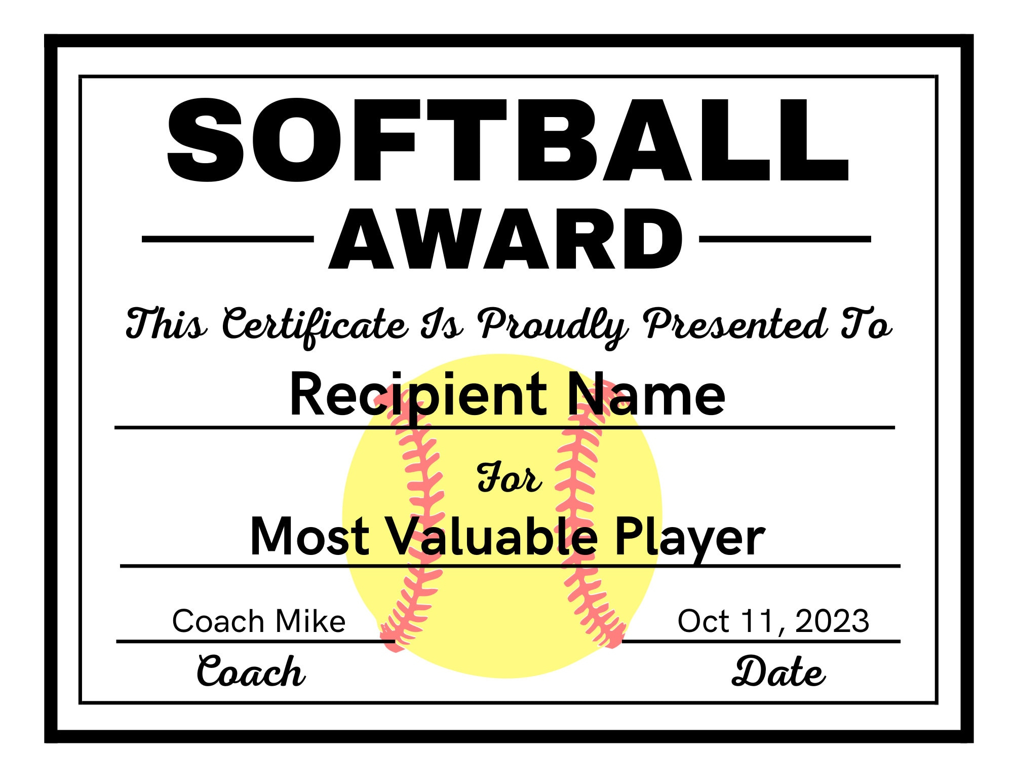 Softball Certificate Template, Softball Award Certificate regarding Free Printable Softball Award Certificates