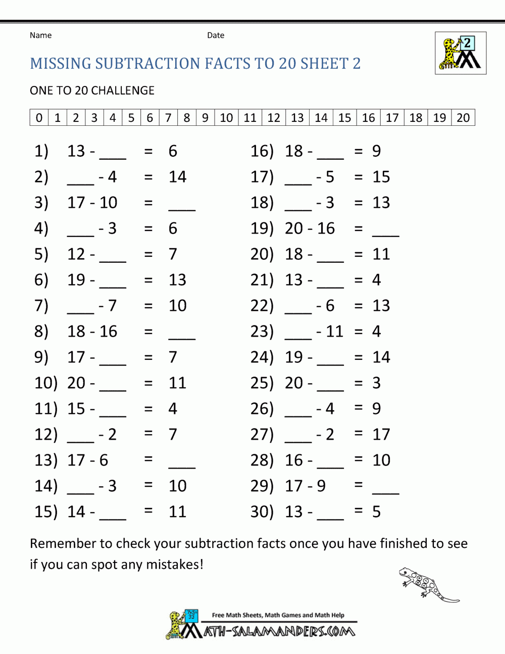 Subtraction Facts To 20 with Free Printable Subtraction Worksheets for 2nd Grade