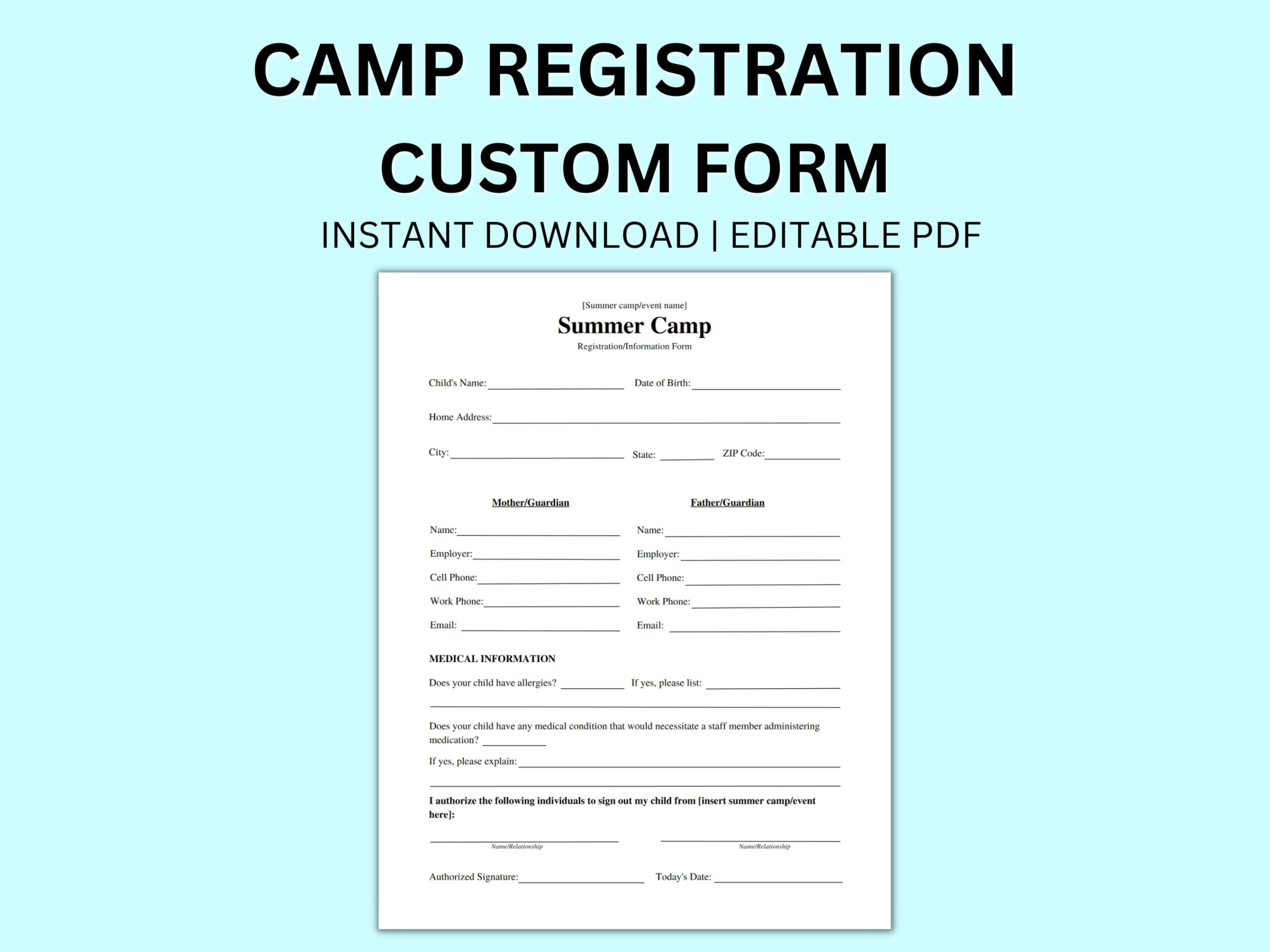 Summer Camp Registration Form Template - Etsy throughout Free Printable Summer Camp Registration Forms