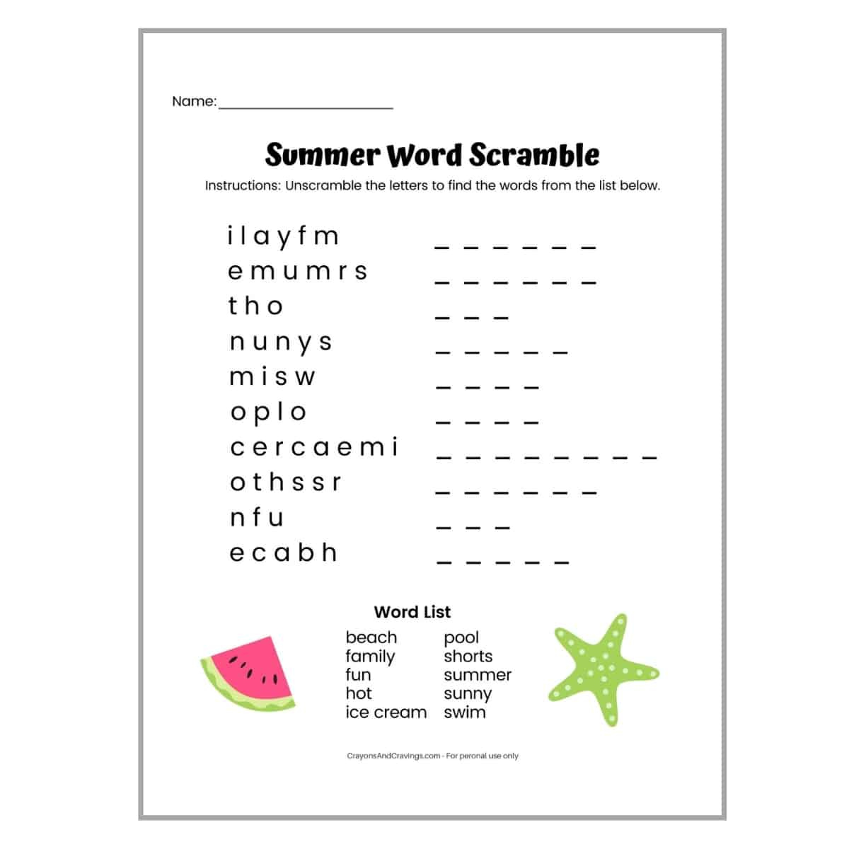 Summer Word Scramble Free Printable With Answer Key within Free Printable Word Scramble Worksheets