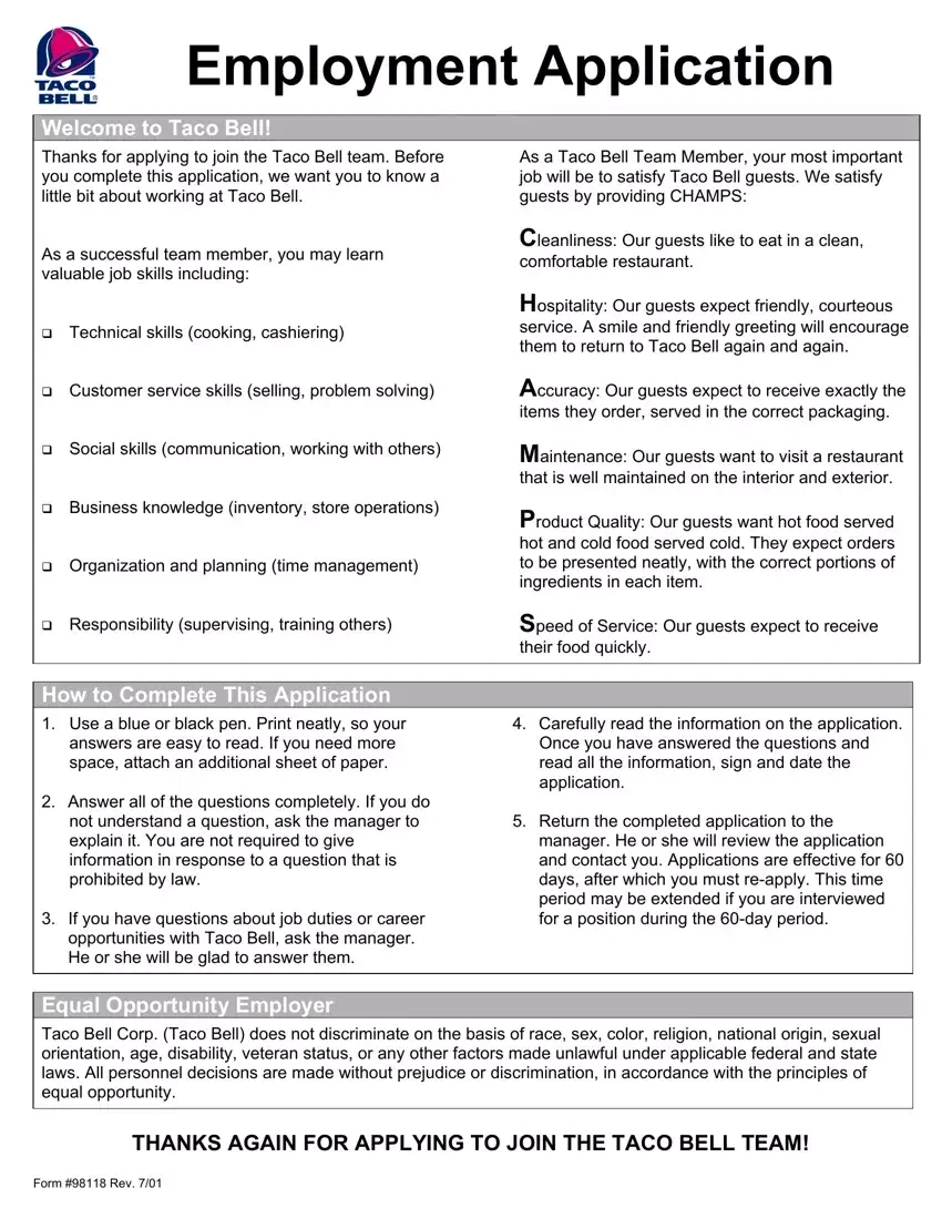 Taco Bell Job Application ≡ Fill Out Printable Pdf Forms Online with Free Printable Taco Bell Application