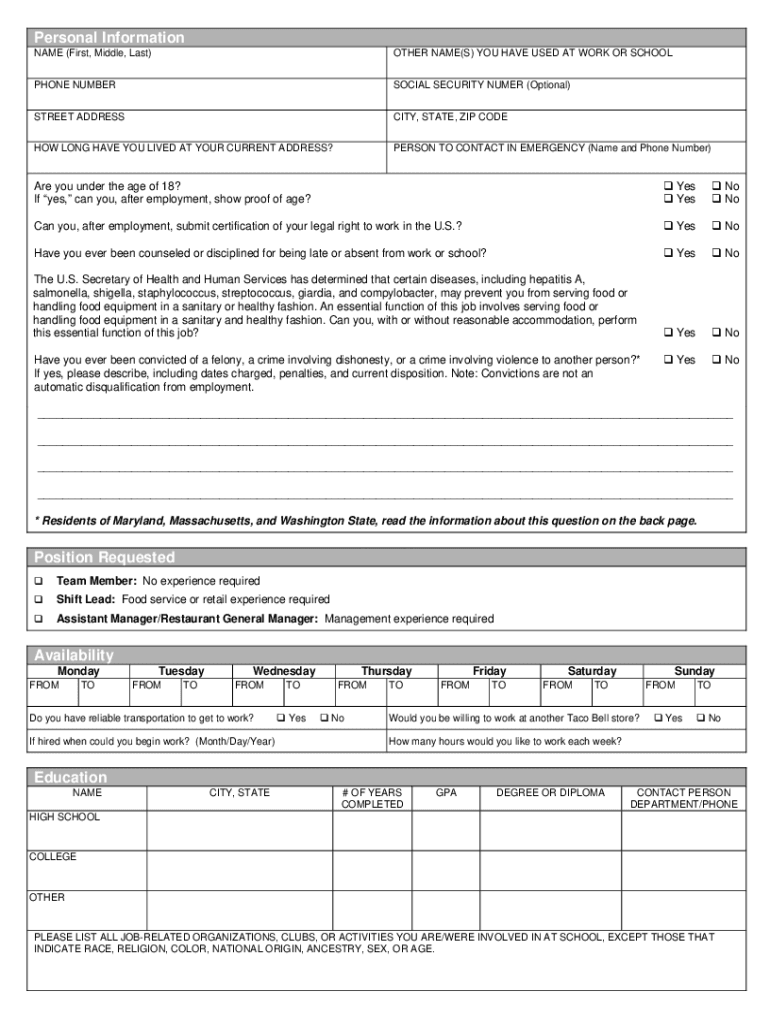 Taco Bell Job Application - Fill Online, Printable, Fillable inside Free Printable Taco Bell Application