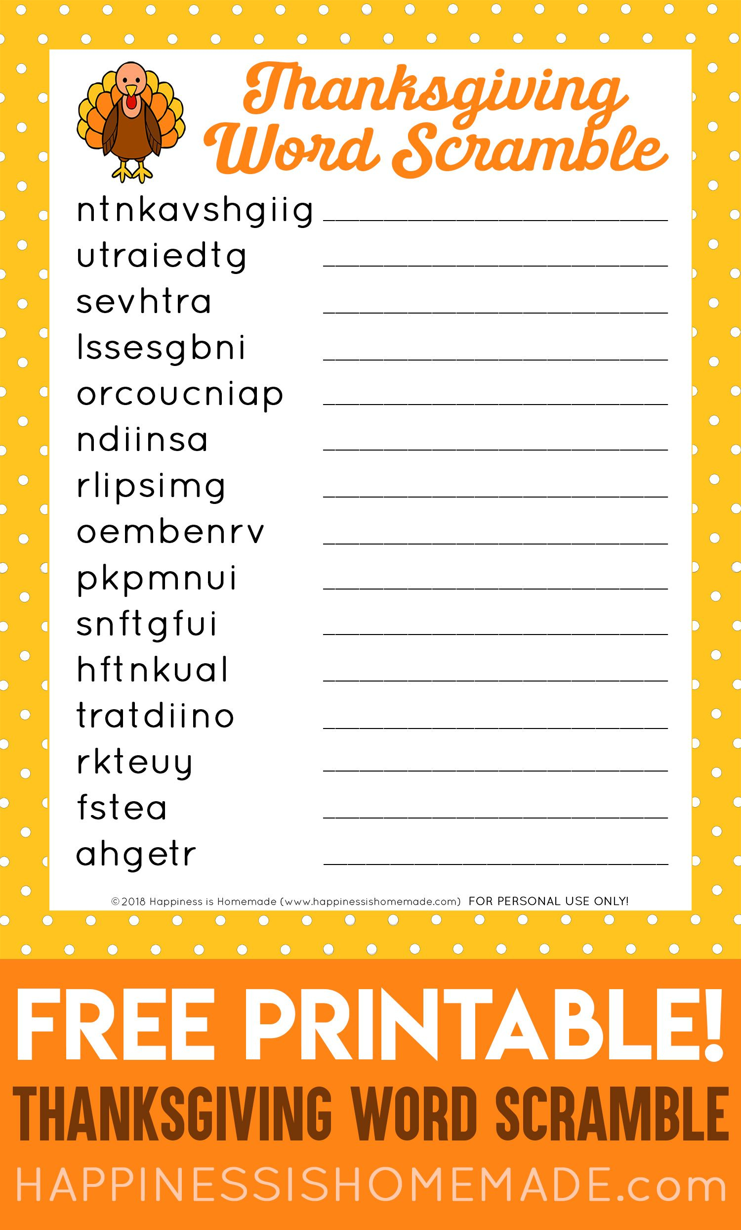 Thanksgiving Word Scramble Puzzle - Free Printable throughout Free Printable Thanksgiving Games for Adults