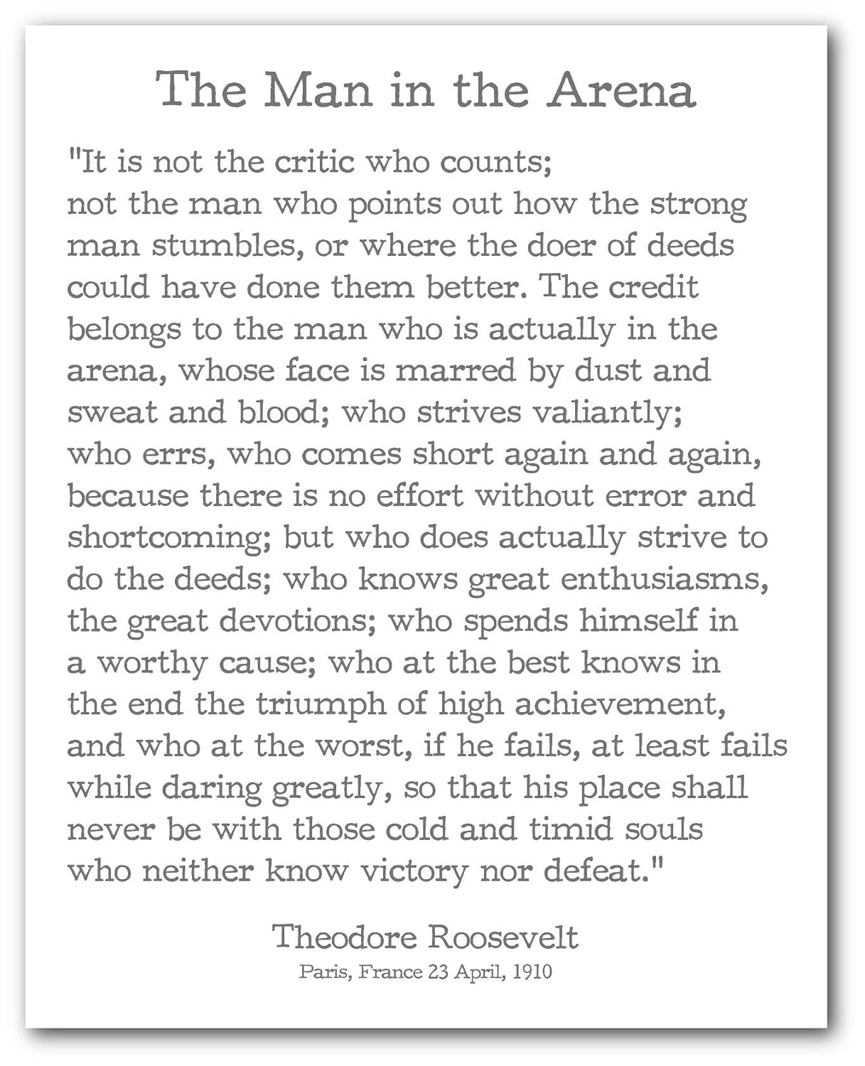 Theodore Roosevelt Quote Print - &amp;#039;The Man In The Arena&amp;#039; - 8X10 Inches - Unframed with Man in the Arena Free Printable