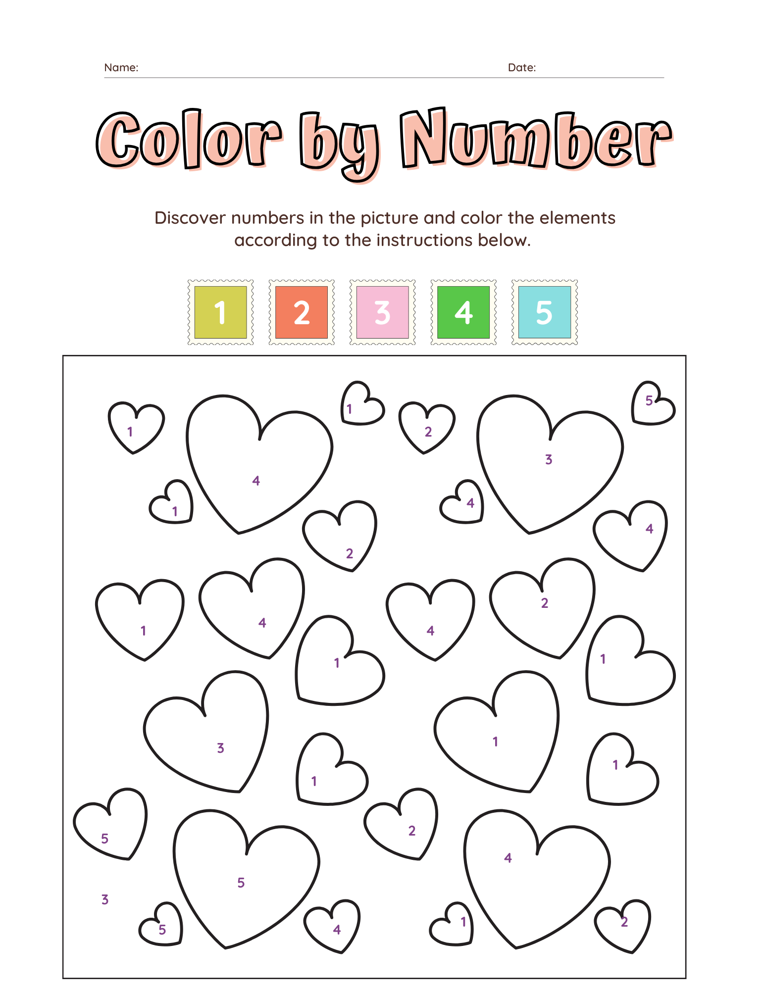 Valentine&amp;#039;S Day Free Colornumber Printable Worksheets pertaining to Free Printable Preschool Valentine Worksheets