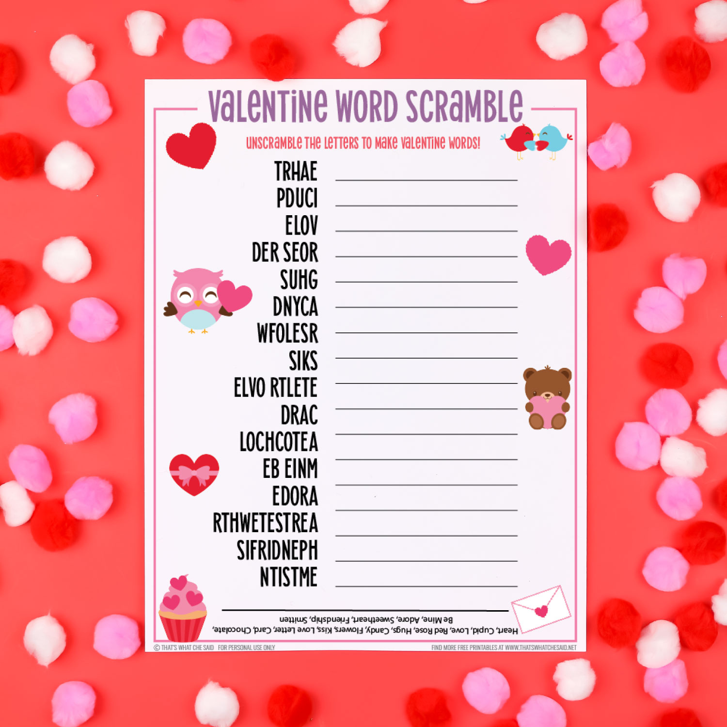 Valentine&amp;#039;S Day Word Scramble + 20 Free Valentine Printables with regard to Free Printable Valentine Word Games