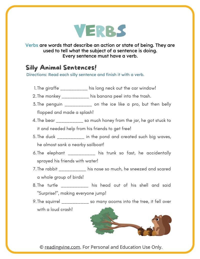 Verbs Worksheets - Readingvine intended for Free Printable Verb Worksheets