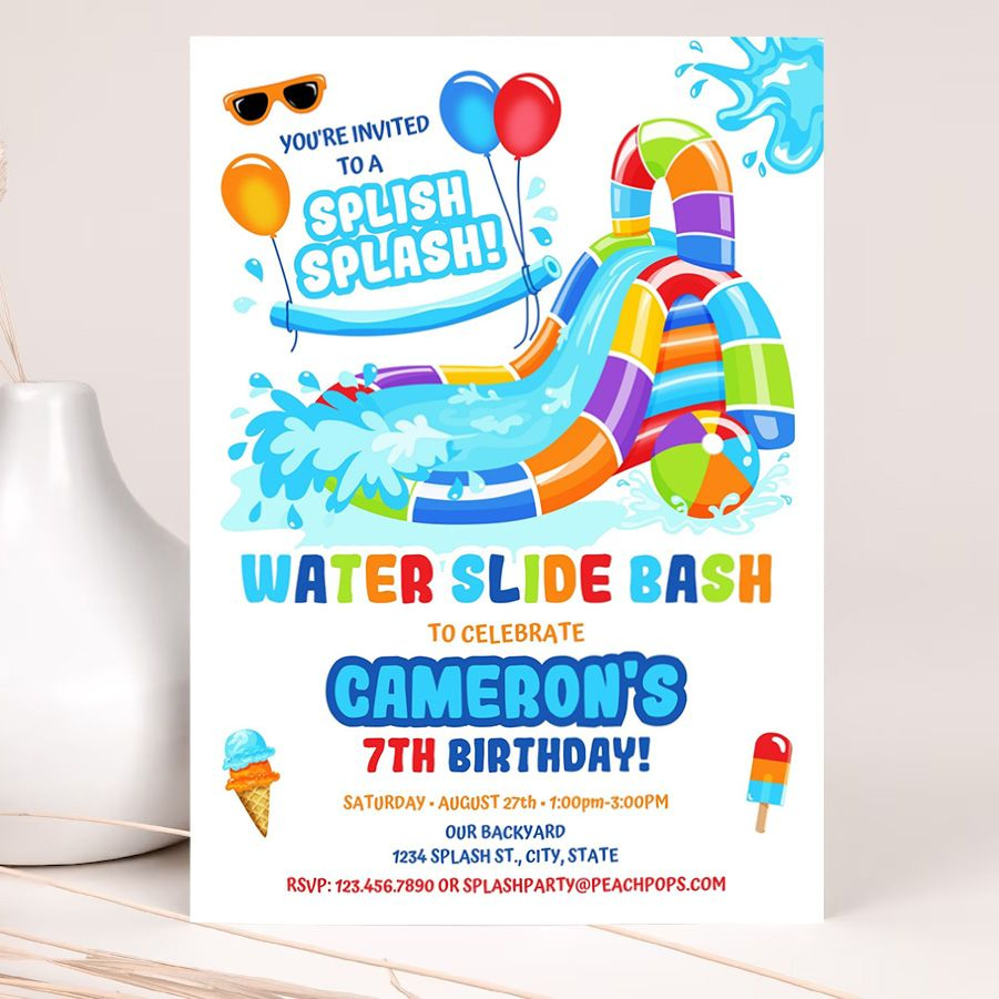 Water Slide Birthday Splash Party Invitation Orange Red Blue regarding Free Printable Water Park Birthday Invitations