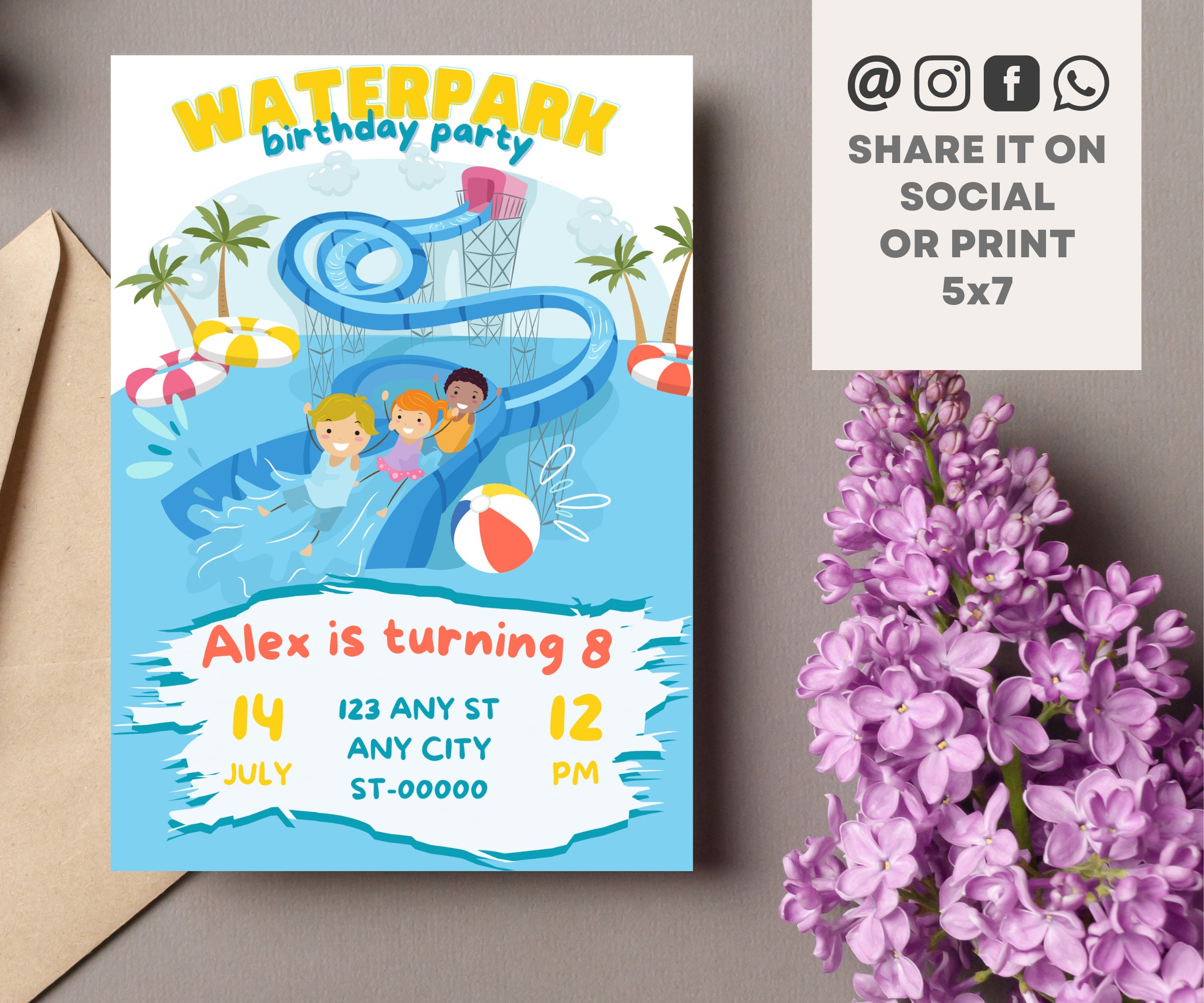 Waterpark Birthday Invitation Template Aqua Park Invite Printable intended for Free Printable Water Park Birthday Invitations